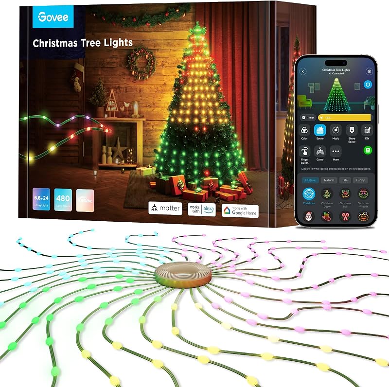 Luces para árbol de Navidad, 6.6 pies × 24 luces de cadena para decoración navideña | Luces de árbol RGBIC inteligentes para Halloween, espectáculo de luces DIY AIGC, sincronización de música, control de voz y aplicación, más de 60 modos de escena, cable verde