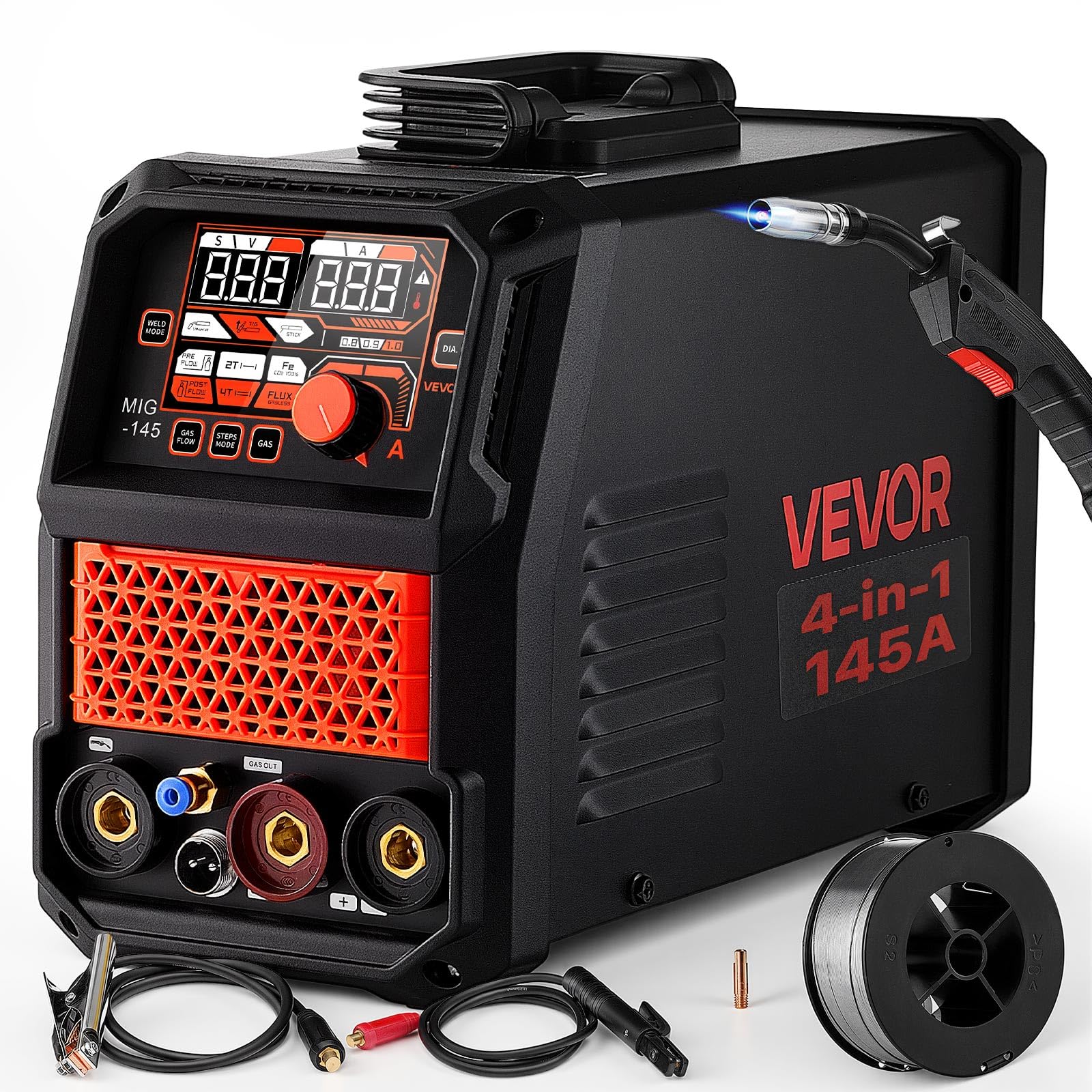 VEVOR Saldatrice MIG 145A 4 in 1, MIG a Gas/MIG a Filo Animato/Lift TIG/MMA