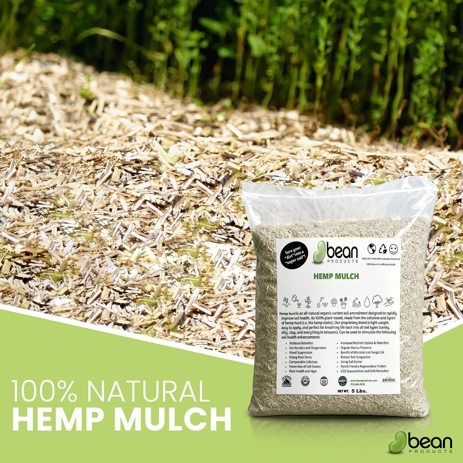 Garden Bed Organic Soil Conditioner - Hemp HURD Garden Mulch - Eco Friendly Potting Soil Aid - Moisture Retaining - Weed Suppressor - Perfect for Flowers & Vegetables - Grown in The US - 5 lbs.