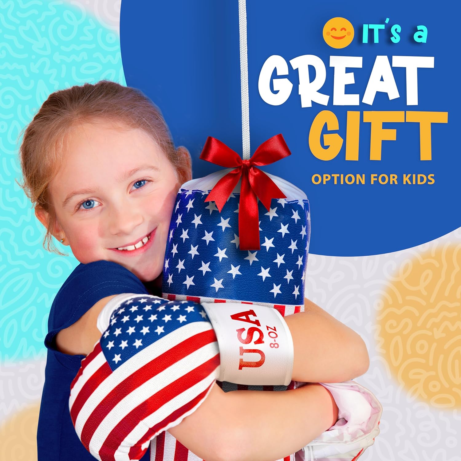 DXM SPORTS USA Flag Kids Punching Bag Set with 8OZ Boxing Gloves, Headguard and Punching Bag Set for Kids