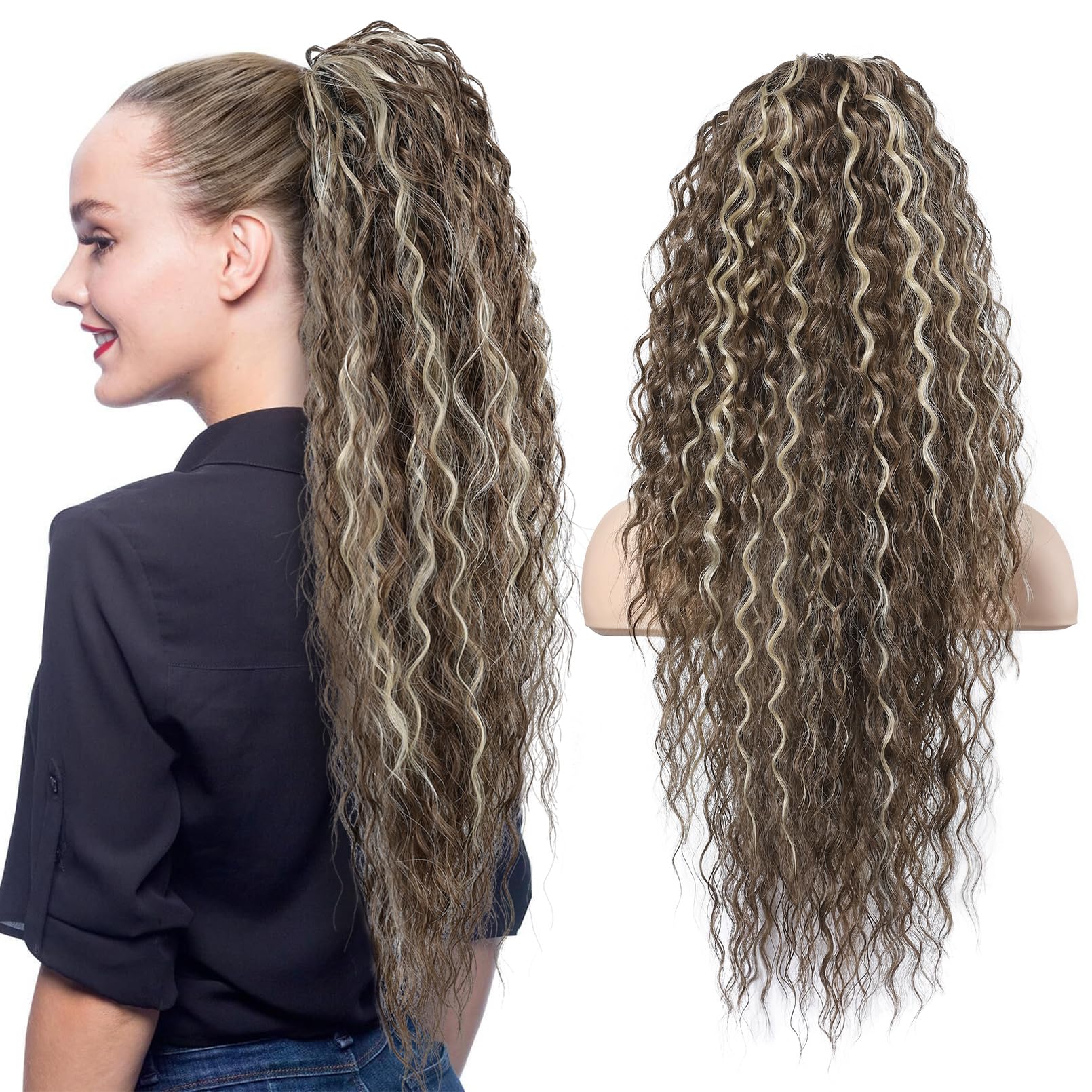 Flufymooz Ponytail Extension, 26 Inch Bohemian Style Drawstring Ponytail Hair Extensions for Women, Long Curly Wavy Pony Tail Natural Synthetic