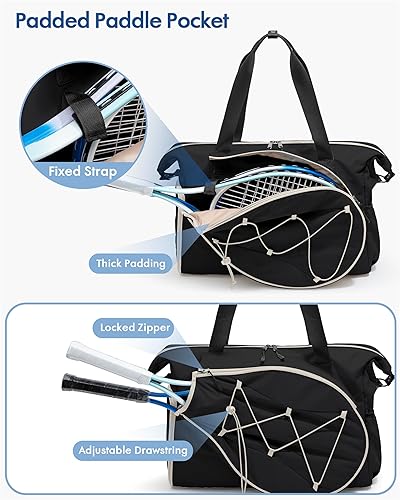 Miniatura 3 de Bolsa de viaje de tenis para mujer con bolsillo exterior para raqueta con cordón y compartimento separado para zapatos, bolsas de fin de semana con