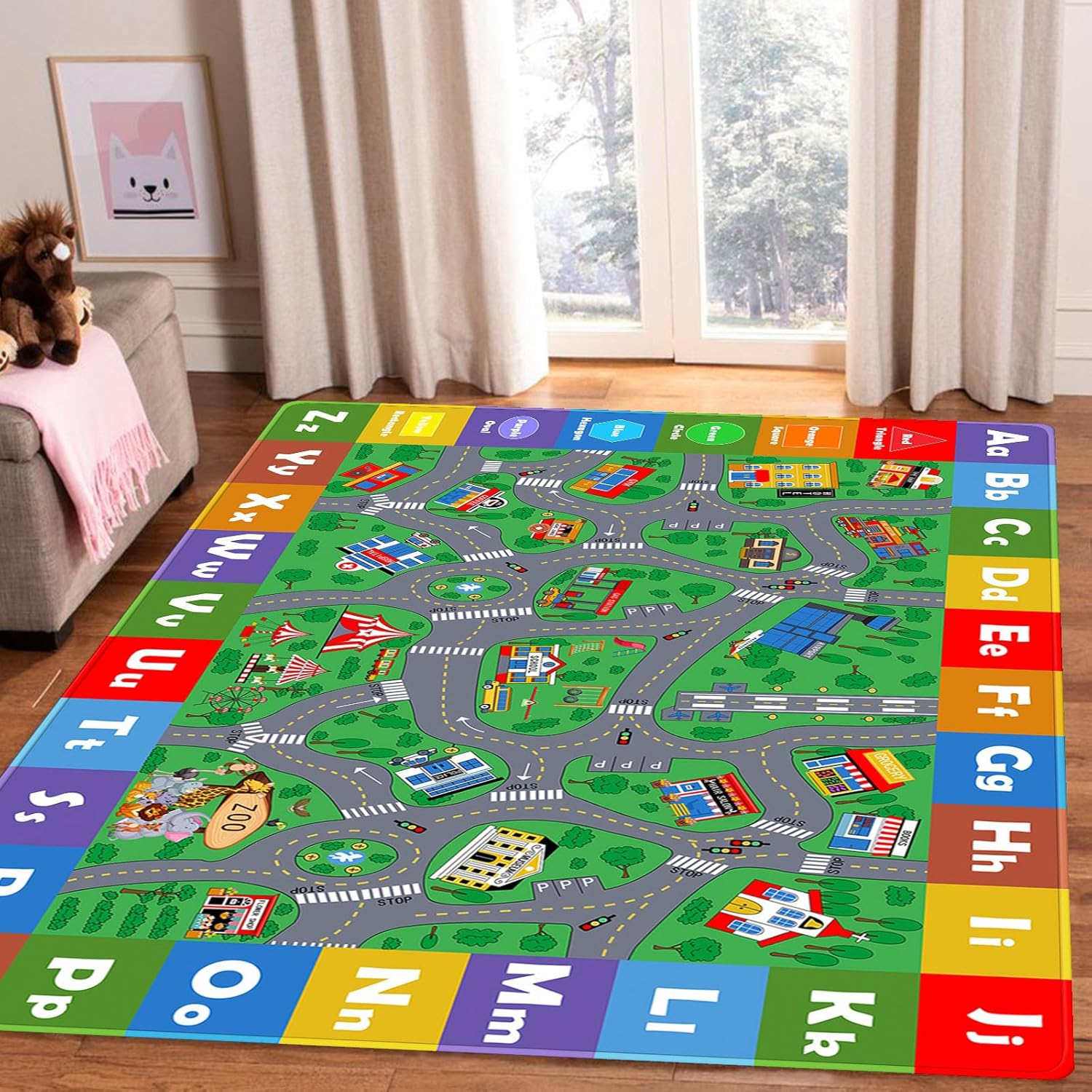 Kids Play Mat, Super Soft Car Track Rug, ABC and Shapes Educational Playmat, Non-Slip City Road Traffic Carpet Nursery Rugs for Playroom Bedroom Boys, Children Play Area Rug