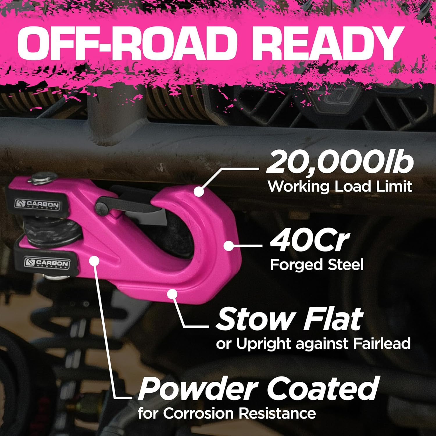 Carbon Offroad Megapro Winch Hook | Pull UTV, SUV, Truck, Trailer Up to 20,000lbs | Heavy Duty ATV Winch Hook | 40cr Alloy Steel | One-Handed Hookup | Pink