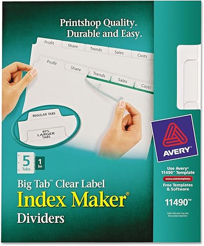 Avery 11490 Index Maker - Divisores de etiquetas transparentes para imprimir y aplicar con pestañas blancas, 5 pestañas, letra