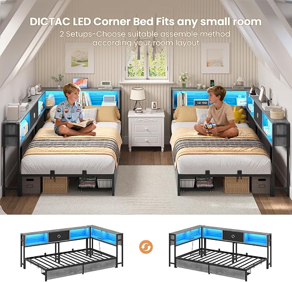 DICTAC 3ft Single Bed 90x190 with 2 Storage Drawers, Single Storage bed with LED Lights & Charging Station, Day Bed with Storage, Oak Grey LED Corner Bed–L-Shaped Space-Saving Single Bed Frame, Modern