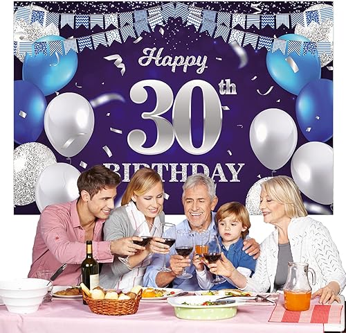 Vista 290 de Cartel de feliz cumpleaños número 31, globos azul marino, bandera de confeti a rayas, puntos de luz, saludos a 31 años, decoración temática