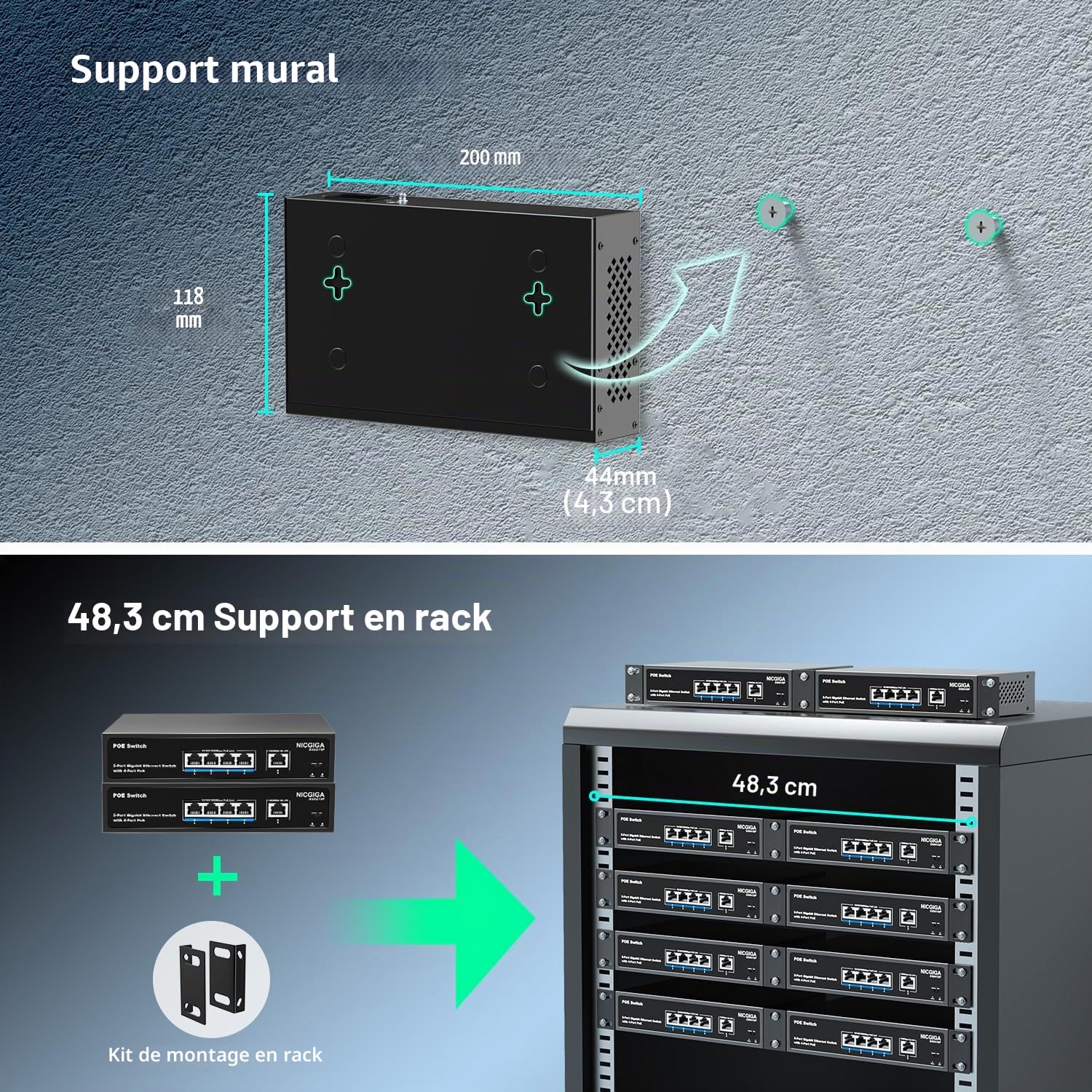 Commutateur PoE Gigabit 4 Ports Non administré avec 4 Ports IEEE802.3af/at PoE @78W, 1 x 1000Mbps Uplink, NICGIGA 5 Port Network Power Over Ethernet Switch, VLAN Mode, Desktop/Wall-Mount.