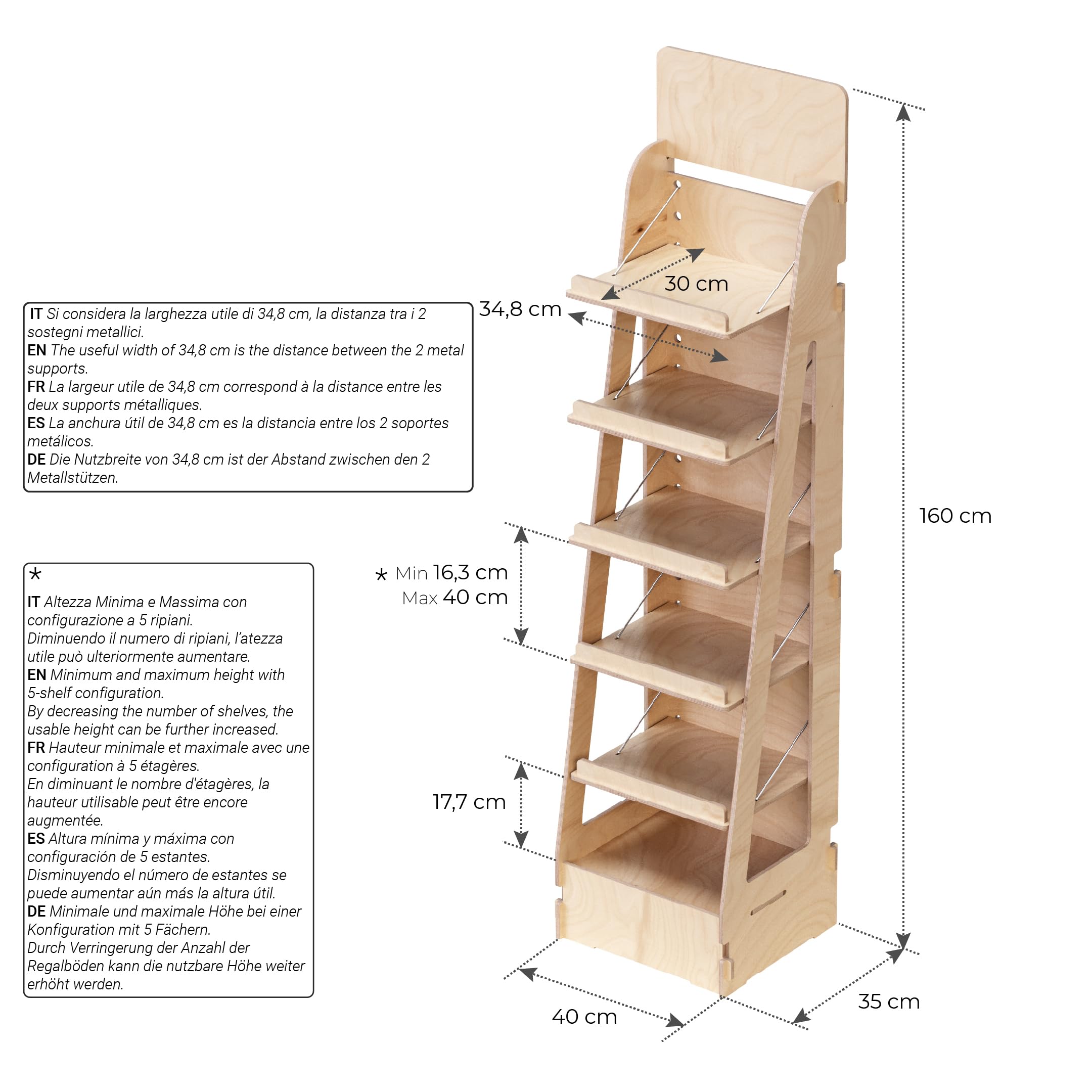 Espositore in Legno, da Terra, Regolabile, Inclinazione e Altezza Ripiani Variabile, Espositori per Negozi, Alimentari, Farmacie, Cartolerie, Ferramenta, Librerie (Adapti - L.40cm)