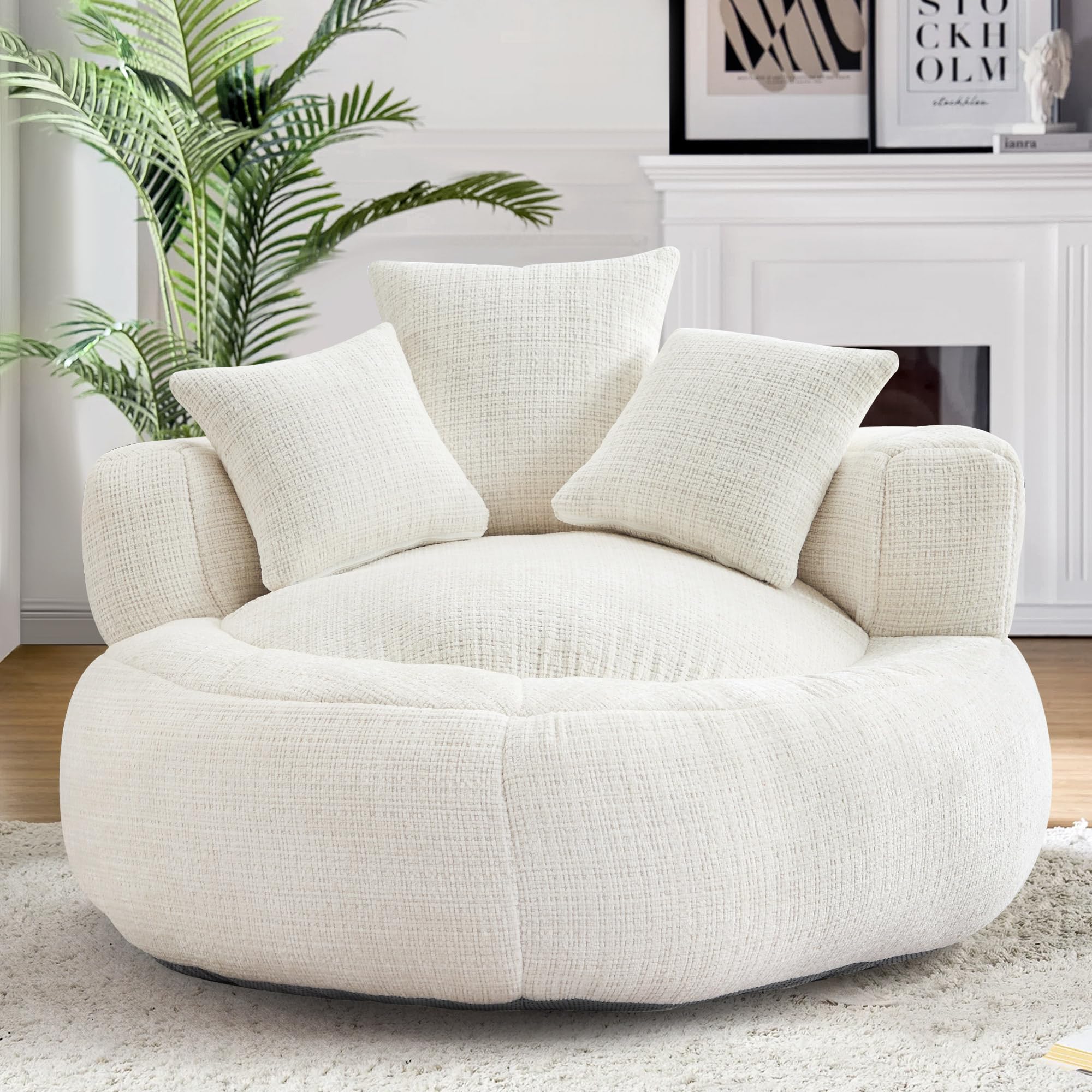 SLEERWAY Bean Bag Chairs for Adults, Large Oversized Bean Bag Sofa Chairs Couch with Pillows, Stuffed Round Sofa Chair with Foam Filled, Comfort Soft Chenille Lazy Sofa Chair for Living Room, White