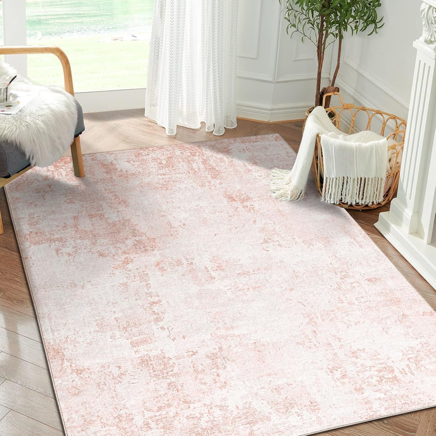 Dintszyayue Washable Rugs 5X7 Large Neutral Modern Non Slip Foldable Thin Under Dining Table Dining Room Floor Cove Dark Pink