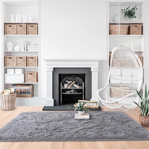 Miniatura 3 de Noahas Alfombras peludas de 6 x 9 pies para sala de estar, alfombra de dormitorio grande de teñido anudado gris, alfombras peludas para dormitorio,