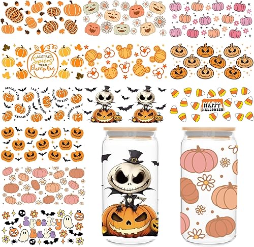 UPSYTIO Envoltura de taza de Halloween UV DTF  Calabaza impresa 16oz Libbey Glass Cup Wrap, listo para aplicar envoltura de taza  Adhesivo permanente