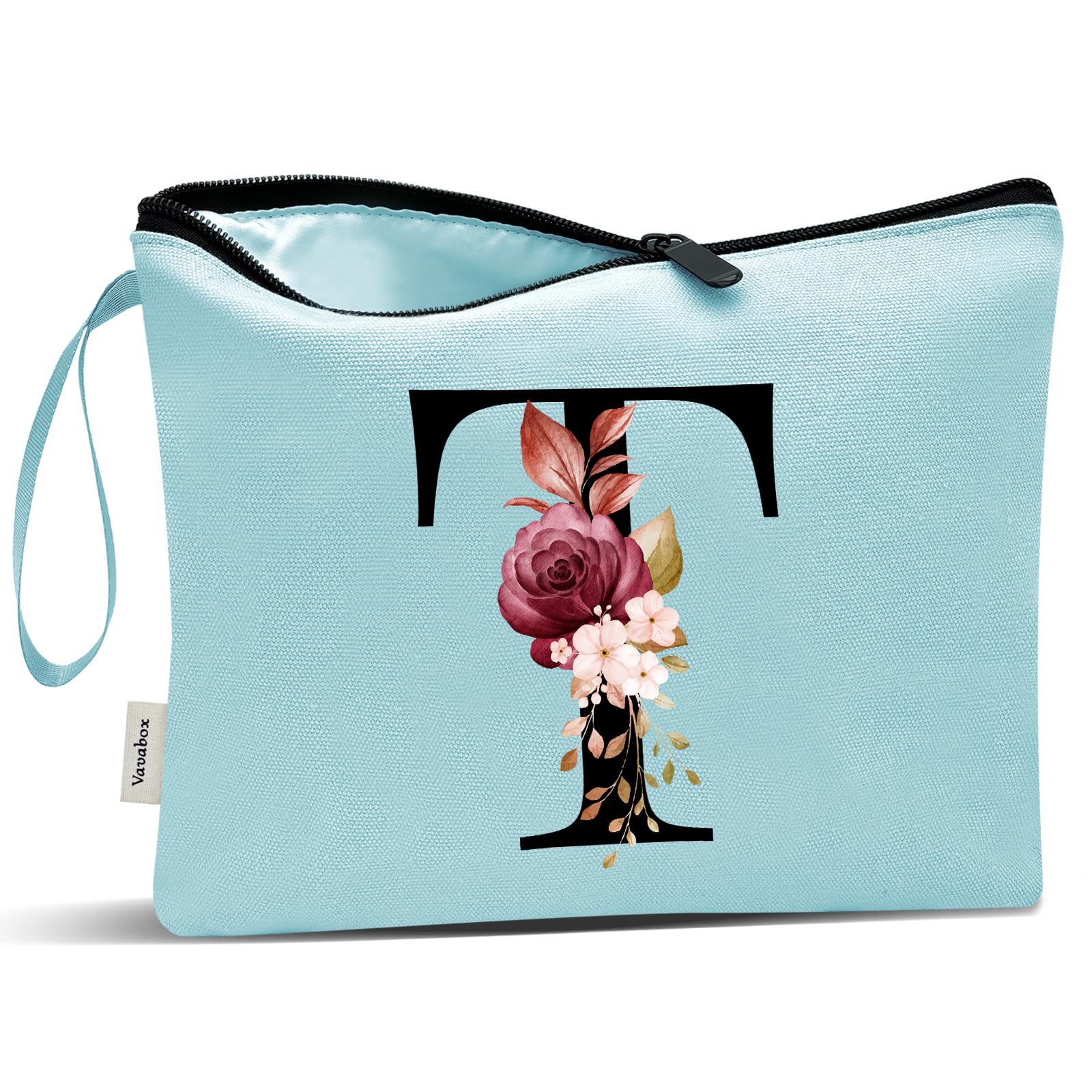 Vavabox A-Z Personalized Makeup Bag, Birthday Gifts for Women Mom, Gifts for Best Friend, Bride Bridesmaid Cosmetic bag (T, Aqua)