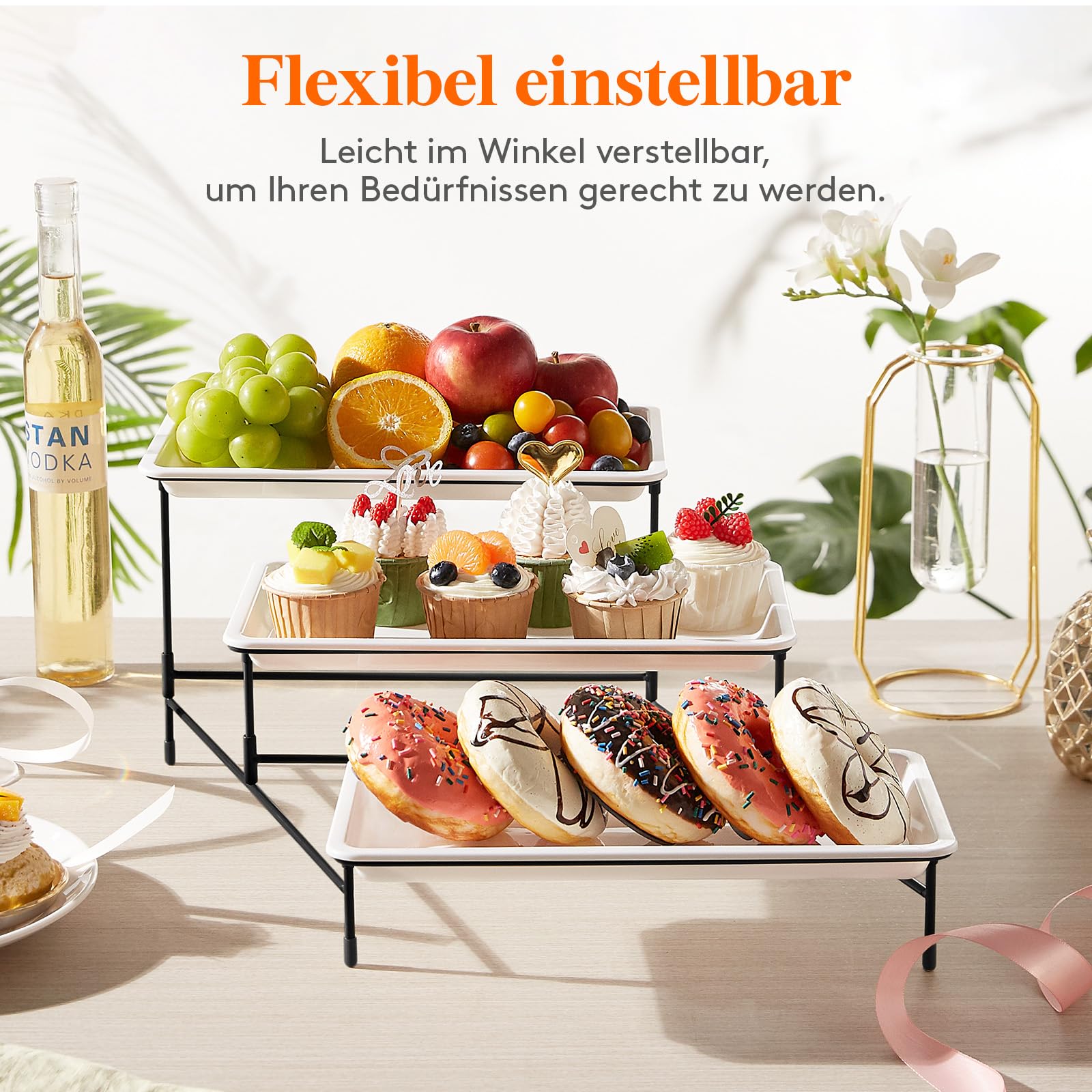 Lifewit Etagere 3 Etagen mit 30 x 17 cm Kunststoff Servierplatte, 3-stufiges Tablett Serviertablett Servierteller mit Klappbarer Schwarzem Metallregal, Buffet Party Zubehör für Gemüse/Obst/Kekse/Torte