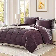AMBERSPACE Plush Queen Comforter Set Purple, Flannel Velvet Comforter Sets 7 Pieces Bed in a Bag, Soft Warm Winter Bedding Set with Sheets, Pillowcases & Shams