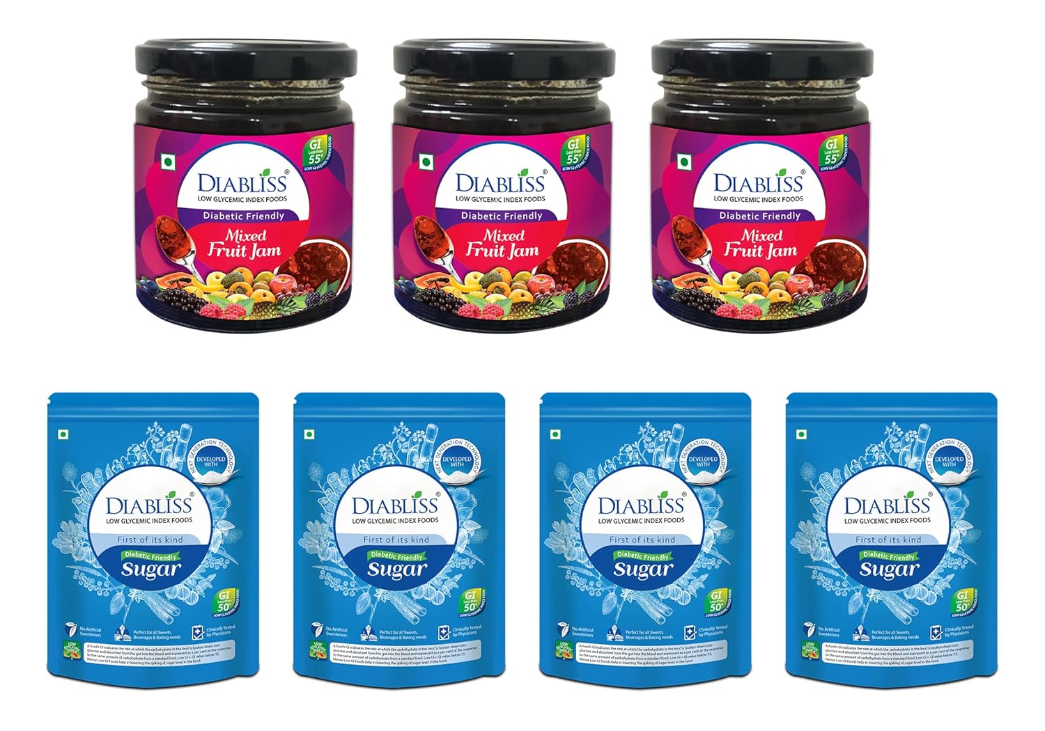 Diabliss Mixed Fruit Jam pack of 3 Sugar 500g Pouch pack of 4 Low Glycemix Index (GI