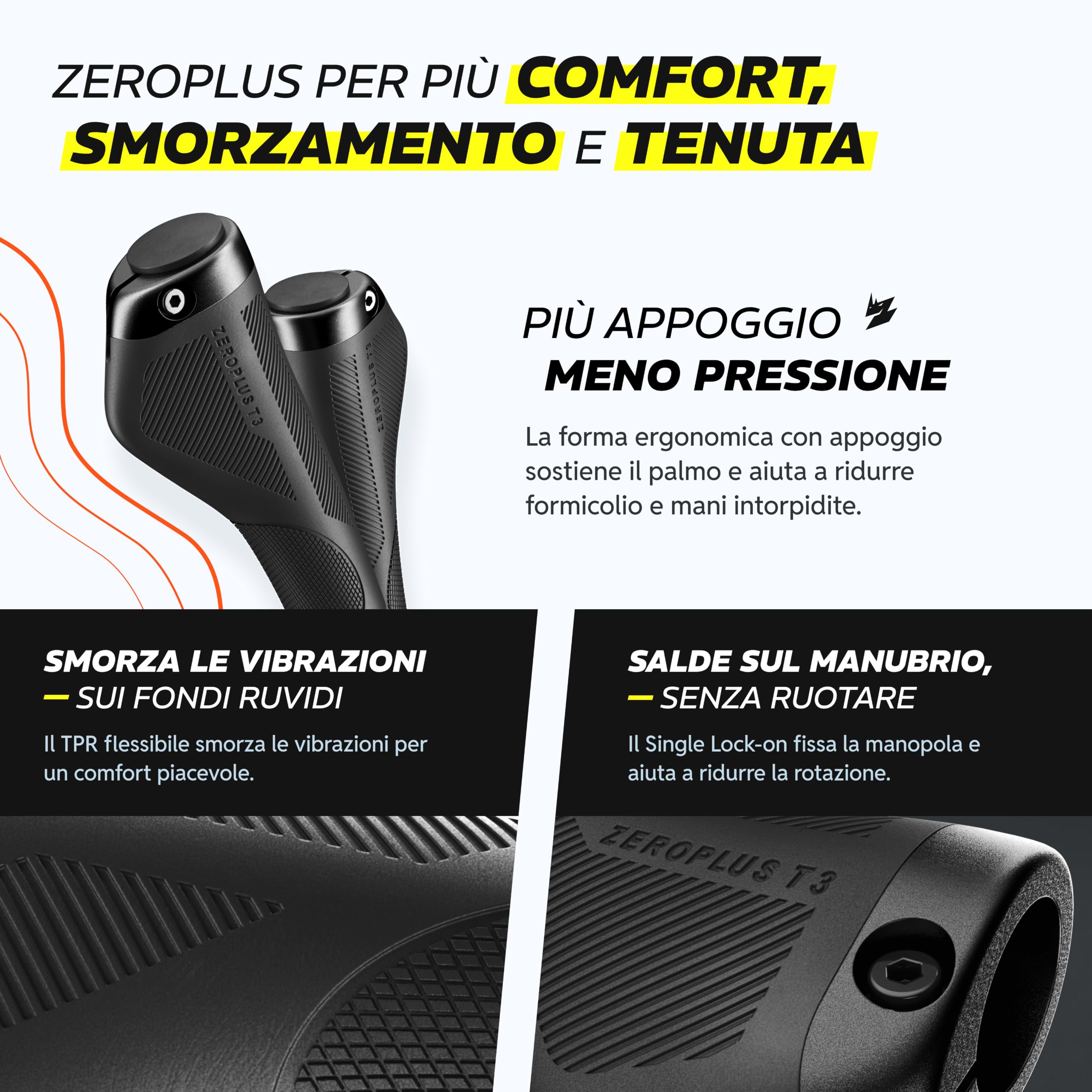 Alphatrail ZeroPlus manopole bici ergonomiche con aletta e supporto palmo, manopole ergonomiche MTB lock-on 22,2 mm, 1 paio, manopole bicicletta ergonomiche per e-bike, trekking & city