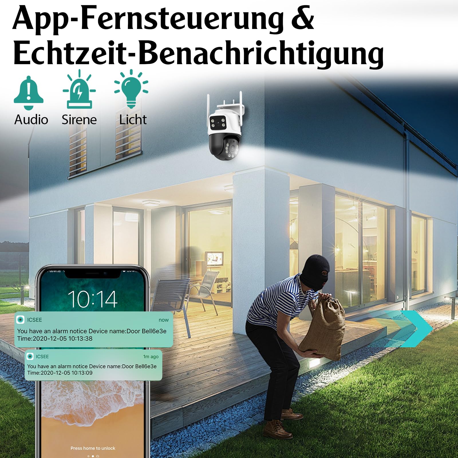 KERUI Zewnętrzna kamera monitoringowa WLAN z podwójnym obiektywem, kamera 6 MP PTZ IP monitoring wewnątrz z 2,4/5 GHz obracana o 360° kamera WiFi, 2-drożne audio, noktowizor, IP66, pamięć w chmurze 24