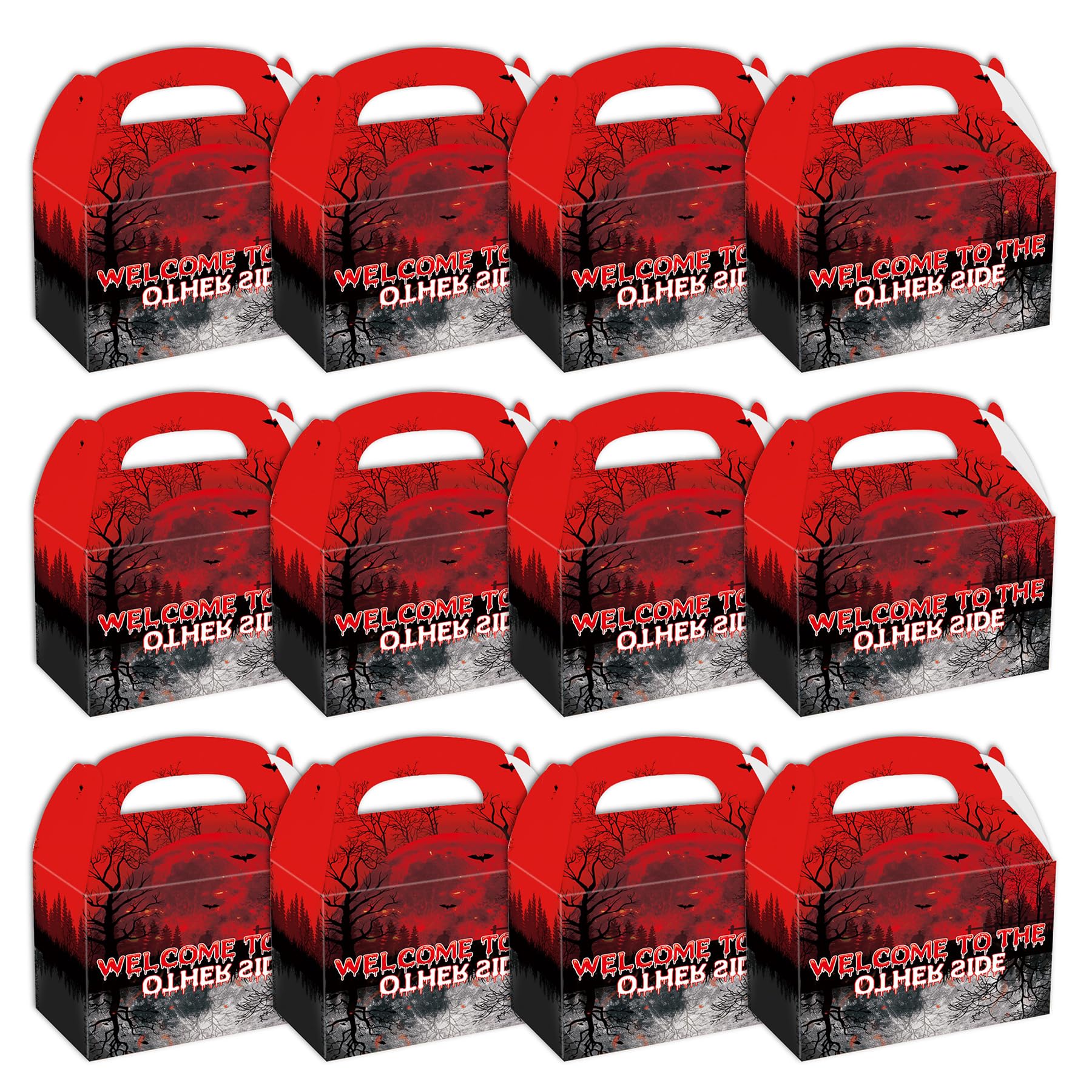 12 Pcs Stranger Season 5 Party Gift Boxes, Black and Red Horror Forest Welcome to The Other Side Party Decorations Supplies Gable Boxes with Handles