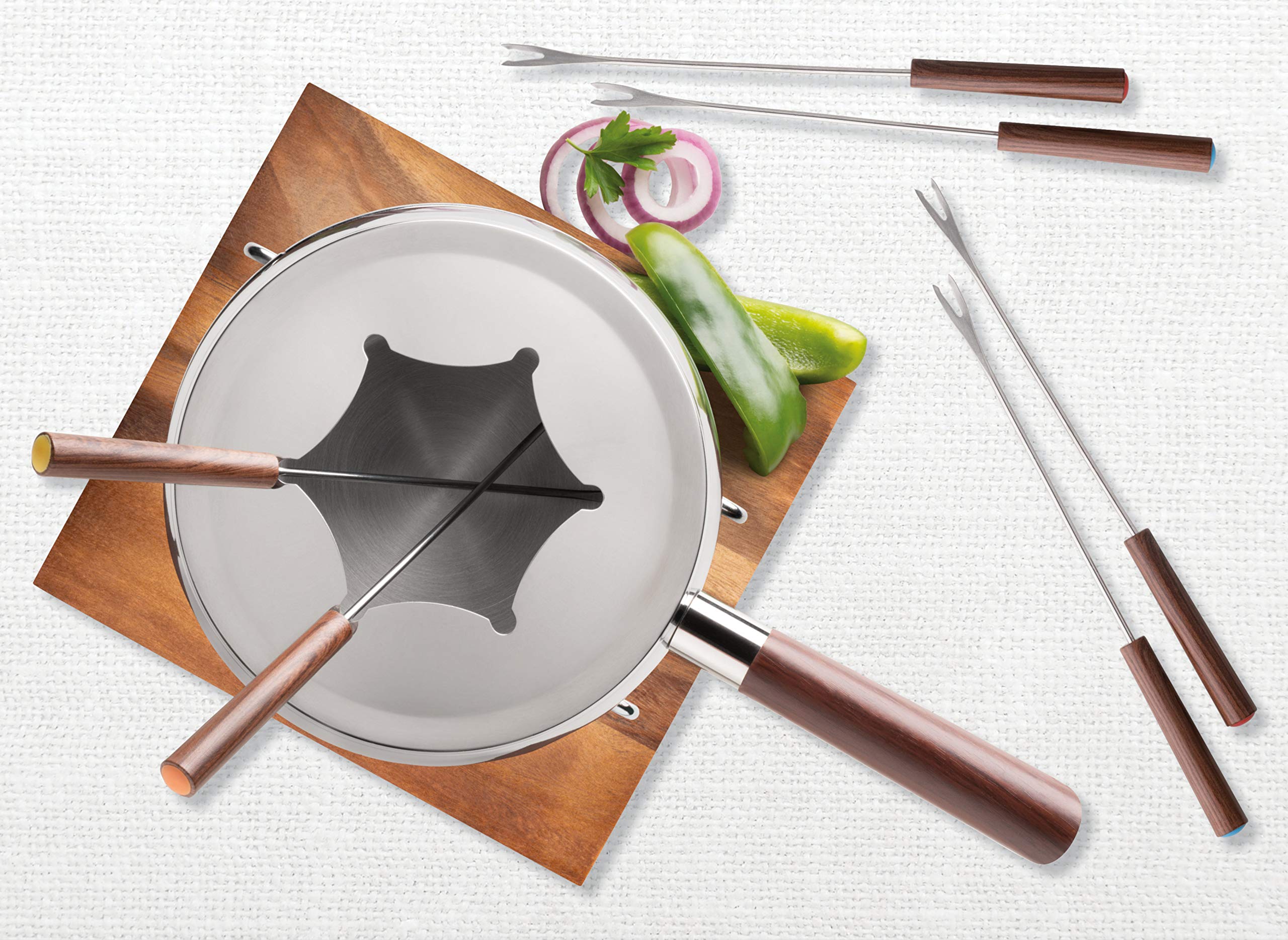 MÄSER 931895 - Juego de fondue para 6 personas en diseño rústico moderno, ideal para fondue de carne, 10 piezas, incluye tenedores de fondue y quemador de fondue, color plateado y marrón