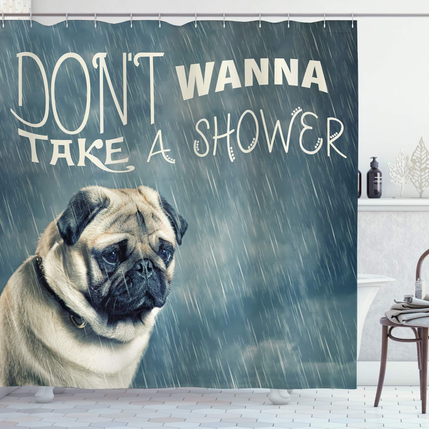 Ambesonne Funny Shower Curtain, Don't Wanna Take a Shower Lettering and Whimsical Dog Under Rain Drops Sad Pug Puppy Print, Fabric Bathroom Decor Set with Hooks, 69" W x 70" L, Blue Grey and Ivory