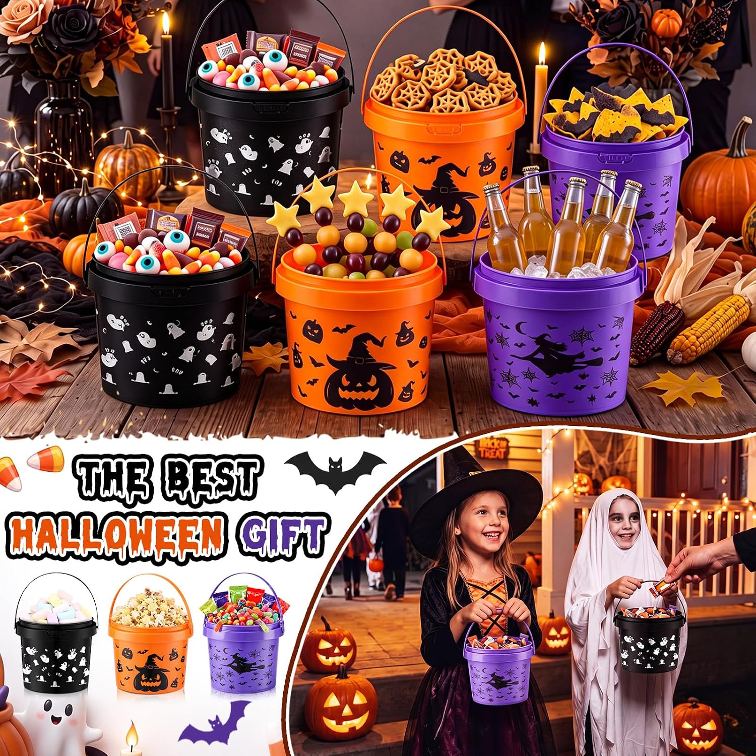 30 Pack 50 oz Halloween Trick or Treat Bucket Bulk