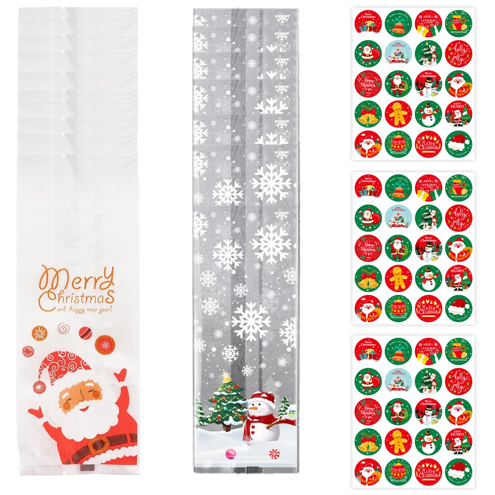 Christmas Cellophane Bags, 50 PCS Christmas Candy Bags with Christma Stickers, Xmas Cookie Bags Santa Claus Cellophane Treat Bags for Party Gift Supplies, Xmas Birthday Party Favour(2 Styles)