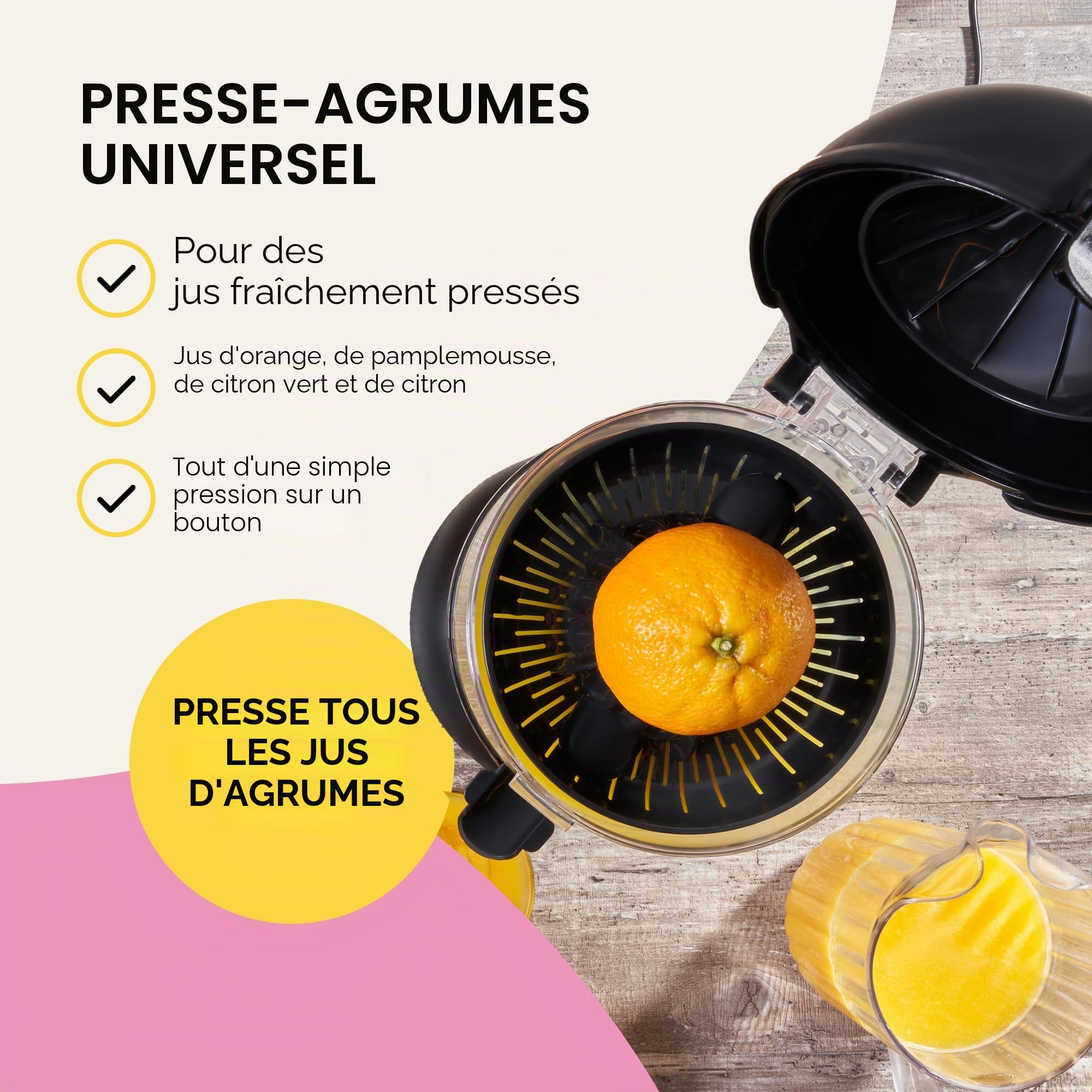 Fridja f900 Presse-agrumes automatique (un bouton pour fonctionner) sans déversement, sans éclaboussures, facile à nettoyer, presse-agrumes orange et pamplemousse pour jus fraîchement pressé, en acier