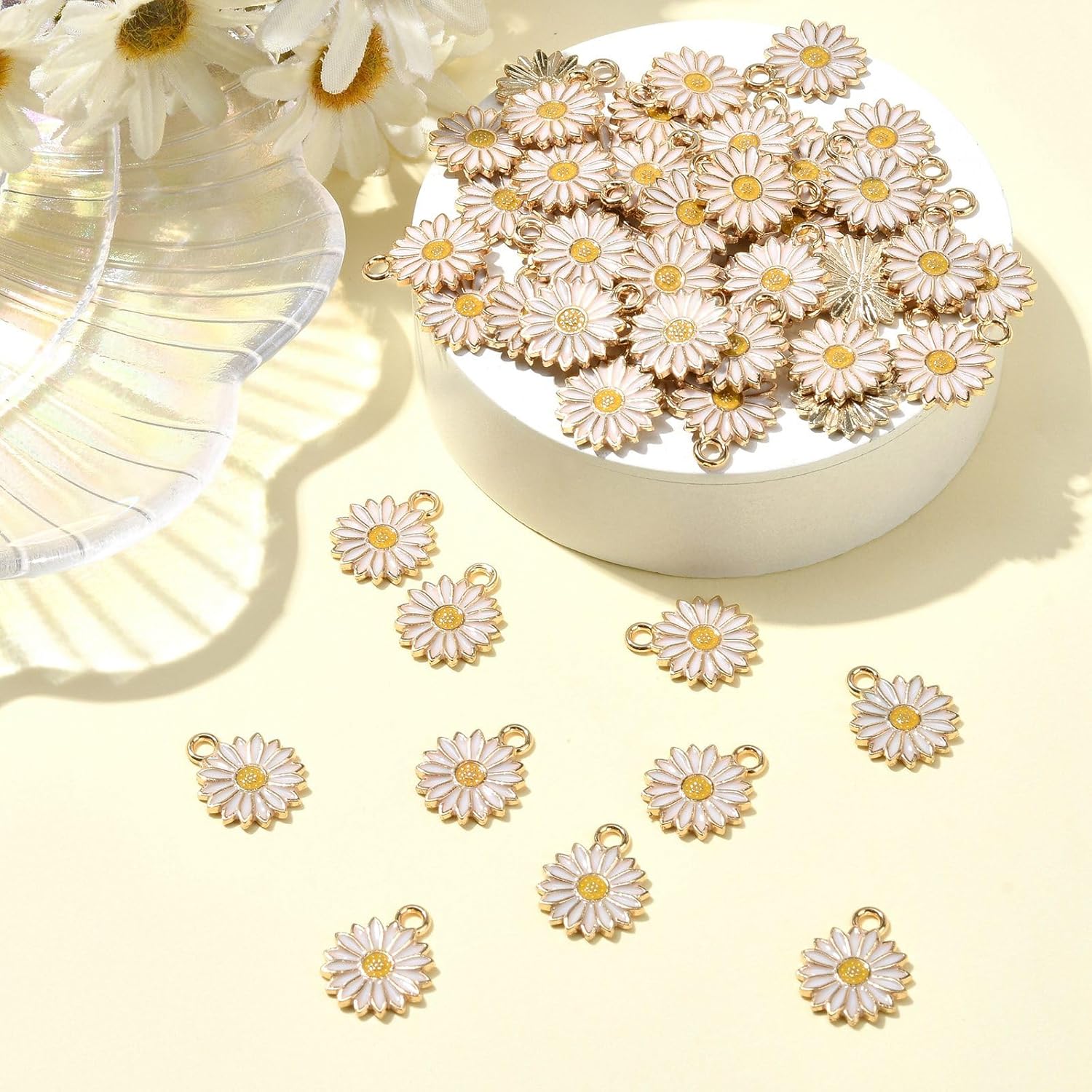 LiQunSweet 100 Pcs Enamel White Plant Small Charms Daisy Flower Charms for Bracelet DIY Earrings Necklace Jewelry Making - Image 4
