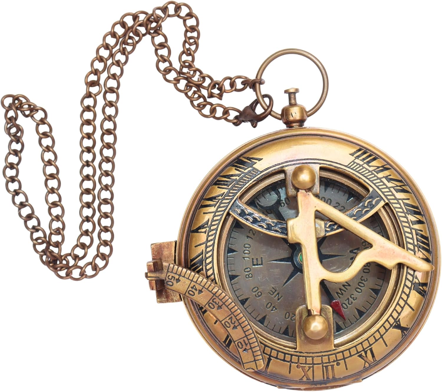 Antique Decor Sundial Brass Compass with Leather Case, Unique Gift for Men, Vintage Push Open Sundial Compass for Camping, Hiking, Touring, Beautiful Handmade Sun Clock, Steampunk Style Clock