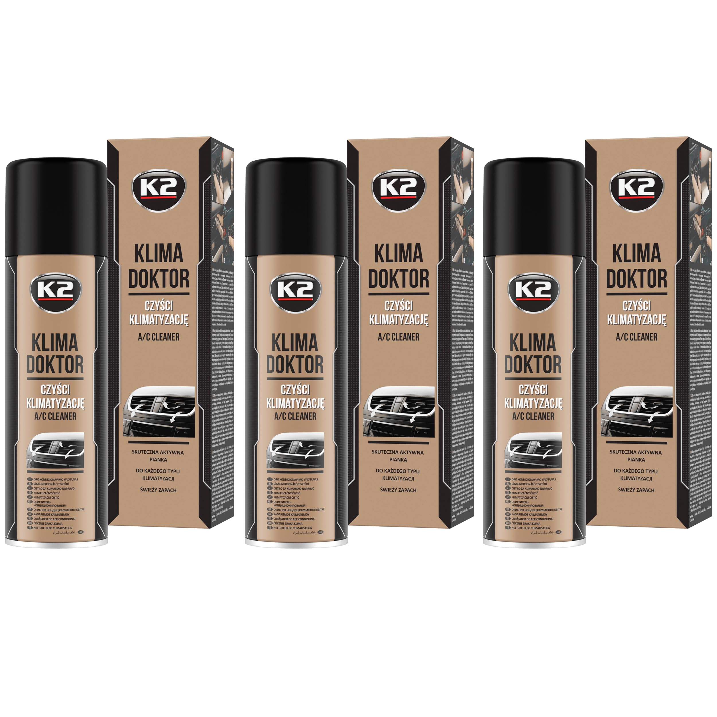 K2 Limpiador Aire Acondicionado Coche Higienizante A/C Pack de 3 - Limpieza y Desinfeccion Eliminador Olores - Limpia y Refresca - 500 ml