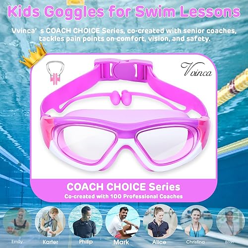 Miniatura 8 de Vvinca Gafas de natación para niños de 3 a 12 años, diseño mejorado 2024 con tapón para la oreja y la nariz, visión amplia, antivaho sin fugas,