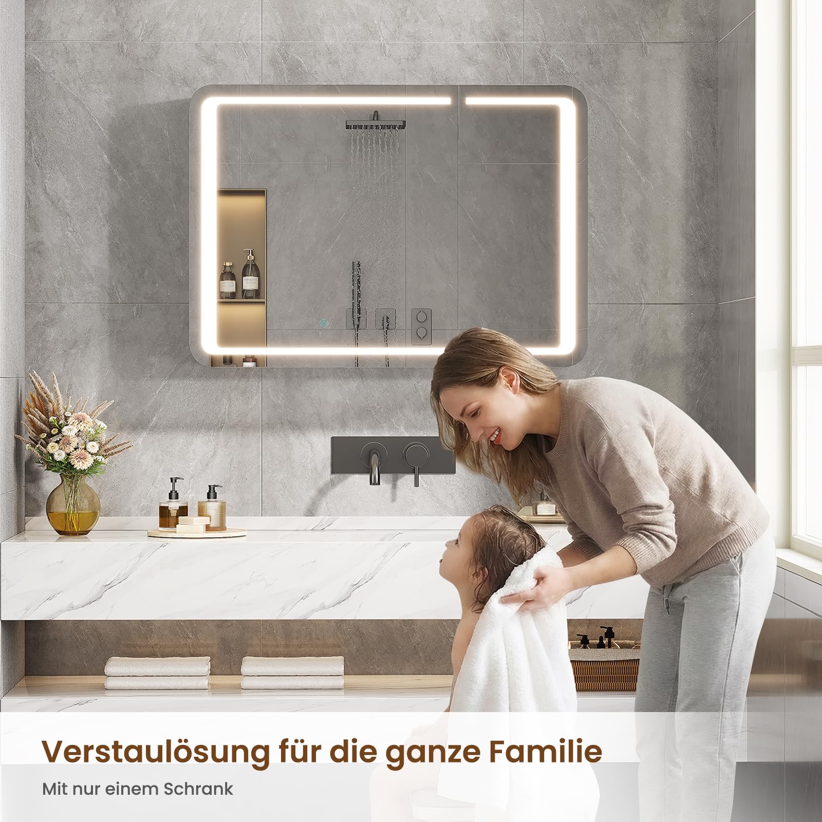 Armoire Salle de Bain Miroir avec éclairage LED & Prise, Armoire Murale Salle de Bain avec Miroir HD, 3 Étagères Réglables, Angles Arrondis, Armoire de Toilette, 16 x 80 x 60 cm, Blanc