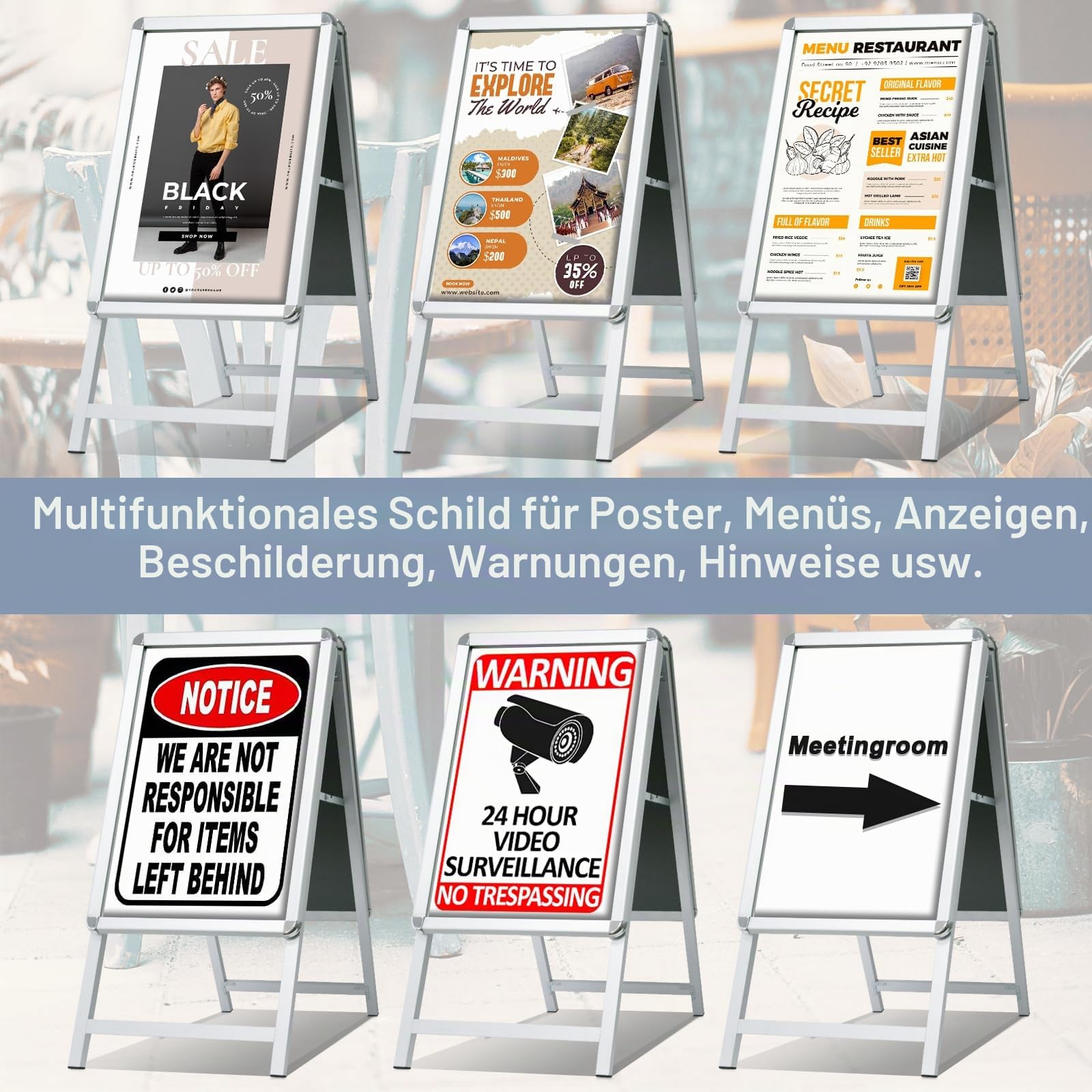Gehweg-Schilderrahmen mit doppelseitigem Display, A-Board, Posterständer und Schilderhalter für Werbung (Silber-A1)