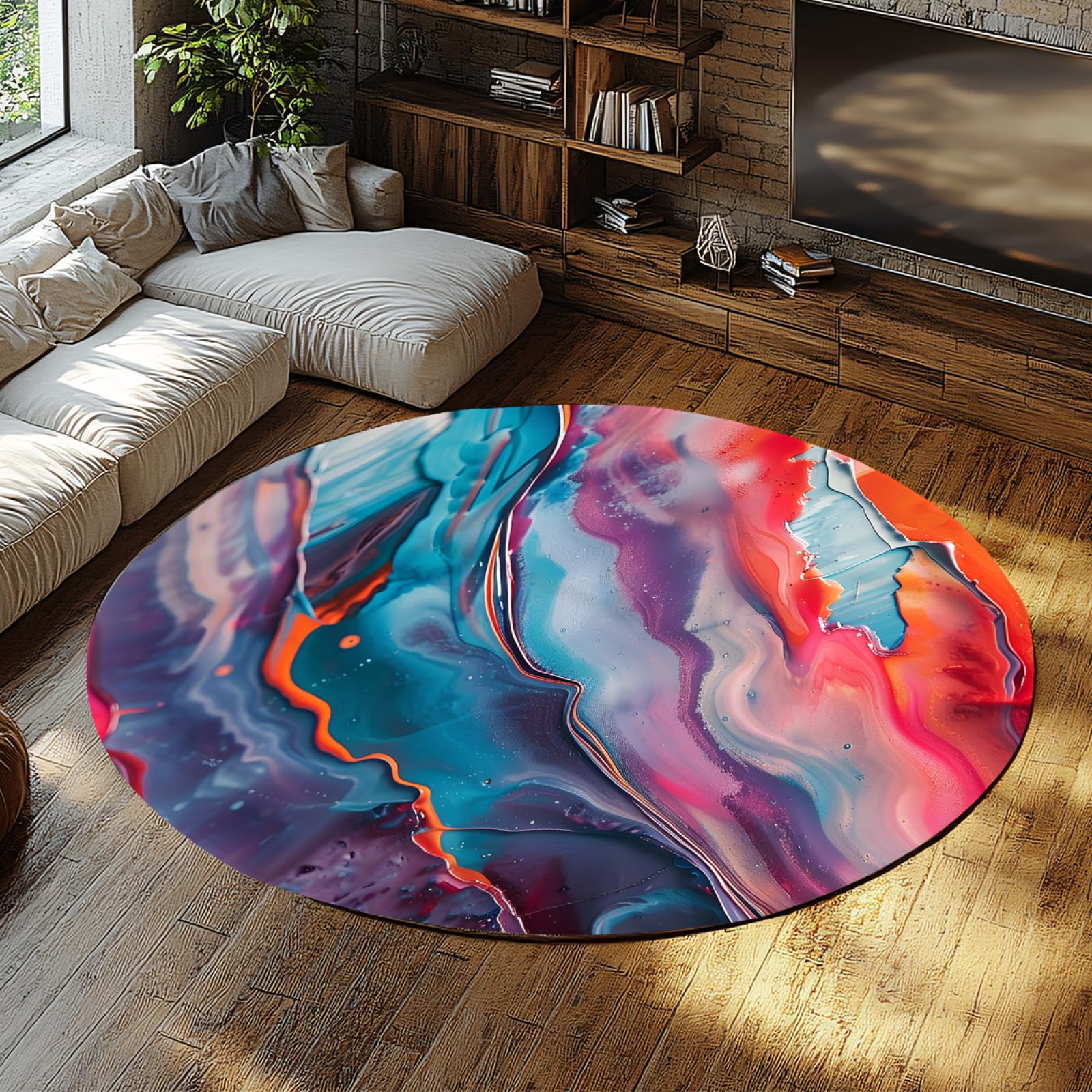 Tapis rond salon abstrait turquoise violet corail 80cm moderne lavable
