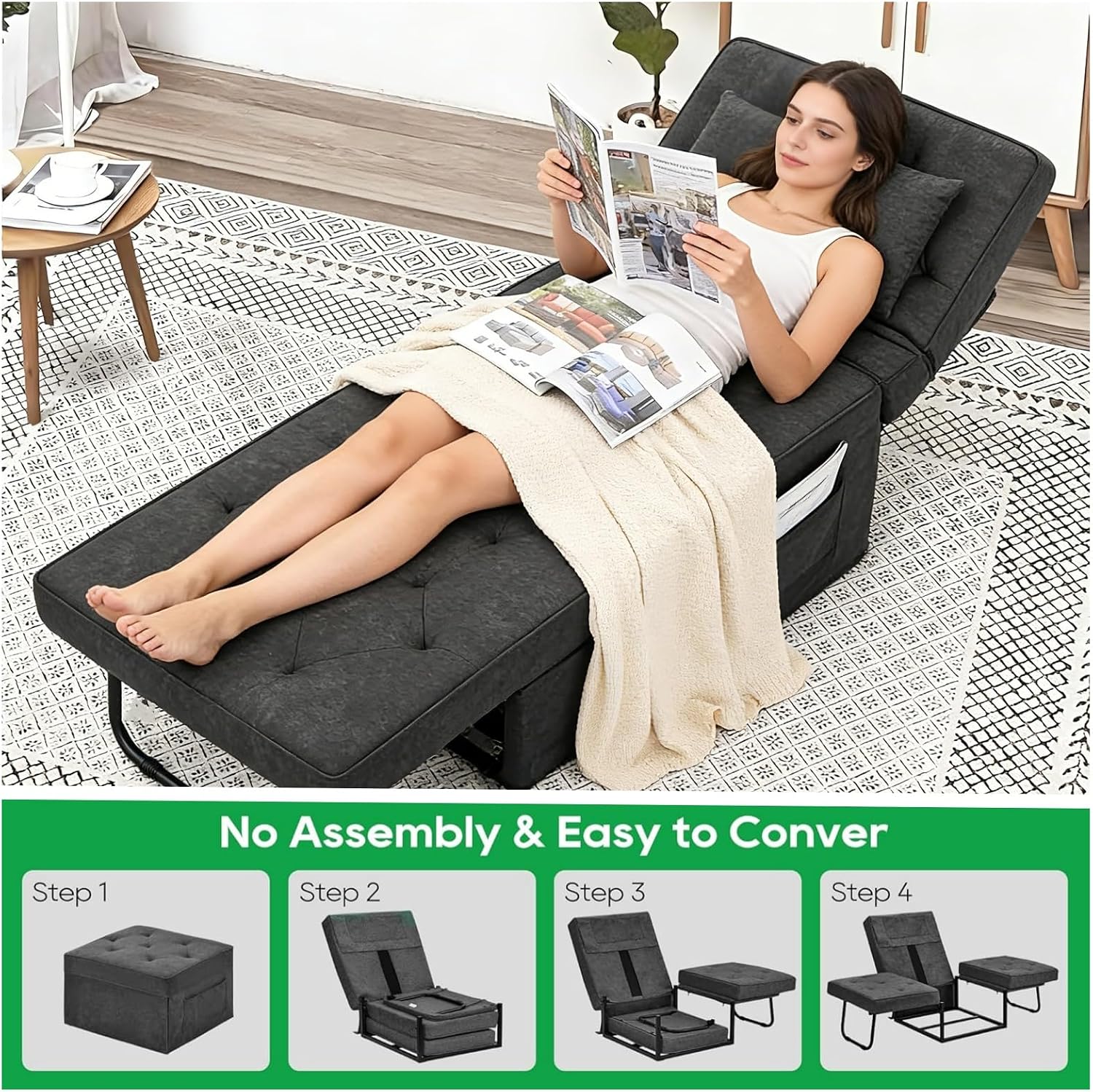 PORWEY Sleeper Chair Sofa Bed, 4-in-1 Convertible Futon Chair Multi-Function Couch Folding Ottoman with Adjustable Backrest for Living Room Apartment Office, No Assembly Required, 29” Width,Dark Gray