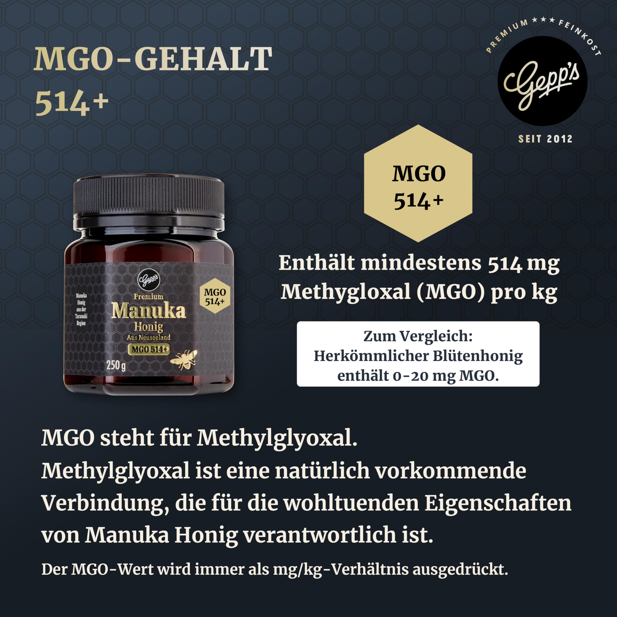 Gepp's Feinkost Manuka Honig 500 g, hohe Reinheit von 514+ MGO I Manuka-Honig aus Taranaki, Neuseeland I Superfood Manuka, cremig & aromatisch I Preisgekrönter & IfV-zertifiziert