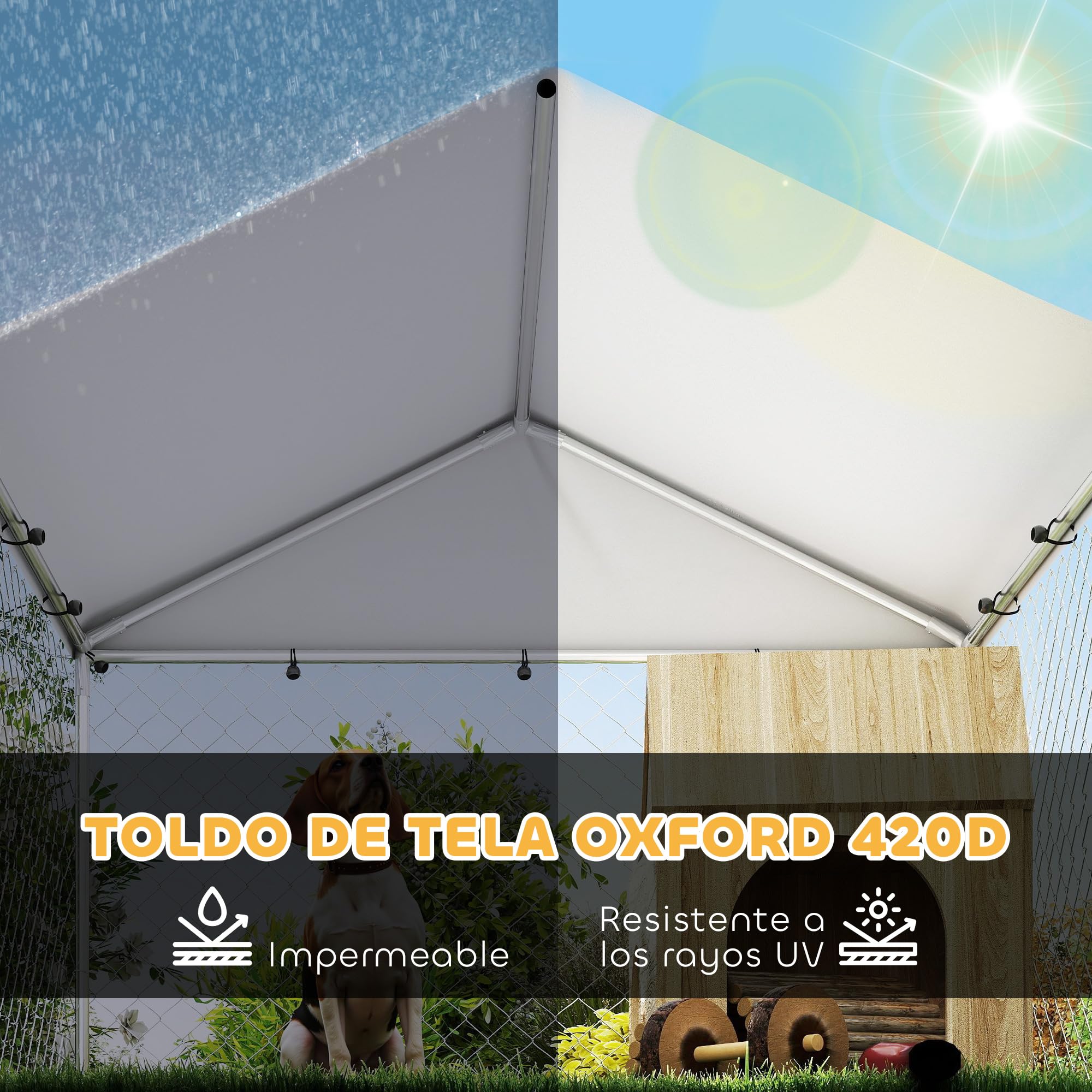 PawHut Perrera de Exterior con Techo Impermeable 2x2x1,55 m Jaula para Perros de Acero Galvanizado Soporte Ajustable y Giratorio para Comida 2 Cuencos para Perros Medianos y Pequeños