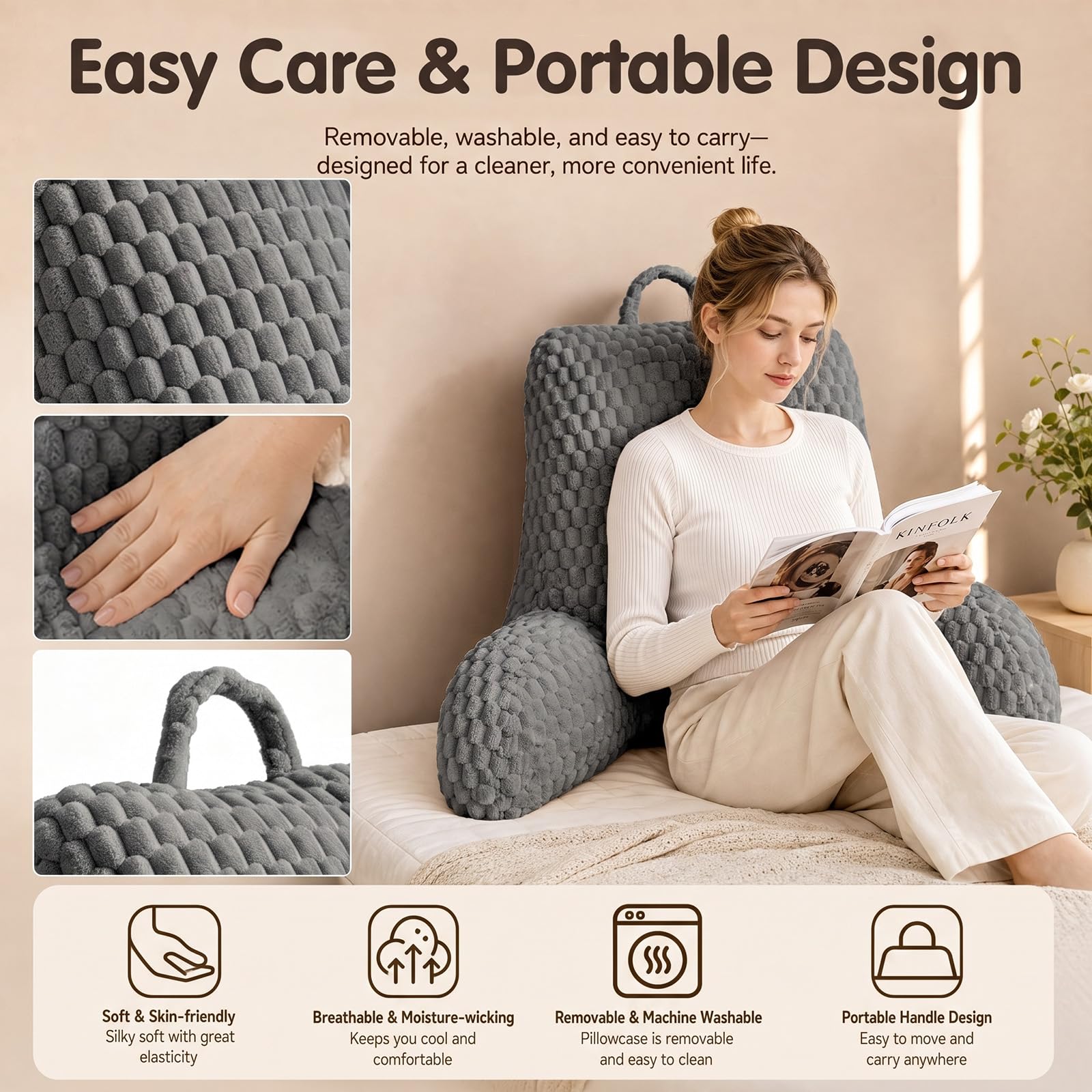Lesekissen für Bett und Sofa, Rückenstützkissen mit Rückenlehne