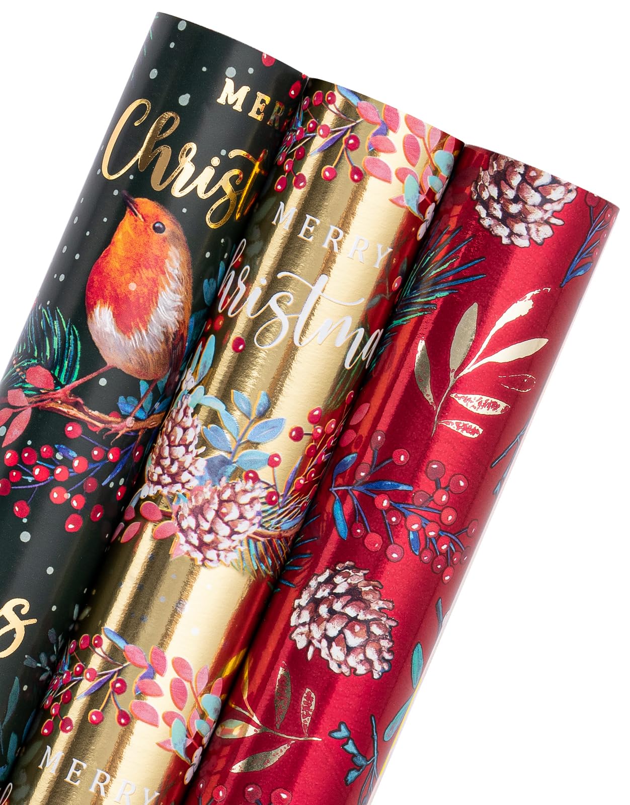 RUSPEPA Christmas Wrapping Paper Roll - Mini Roll - 3 Rolls - 43.2cm x 3m Per Roll - Bird, Christmas Garland, Holly and Pinecones Holiday Design with Metallic Foil Shine