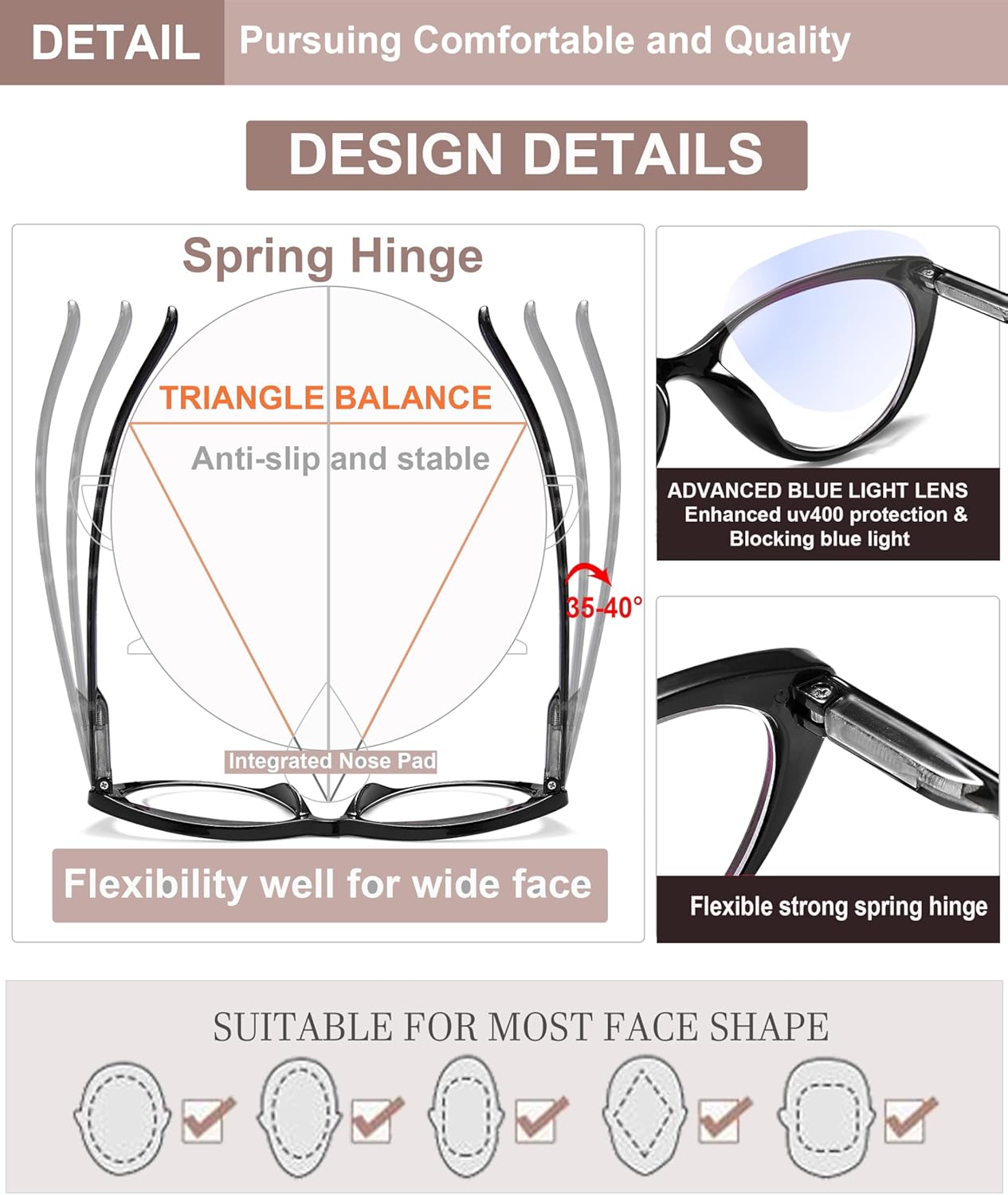 EYEURL Reading Glasses for Women 5 Pack Fashion Cat Eye Reading Glasses, Men Blue Light Blocking Readers with Spring Hinges Computer reading glasses.1.75 - Image 5