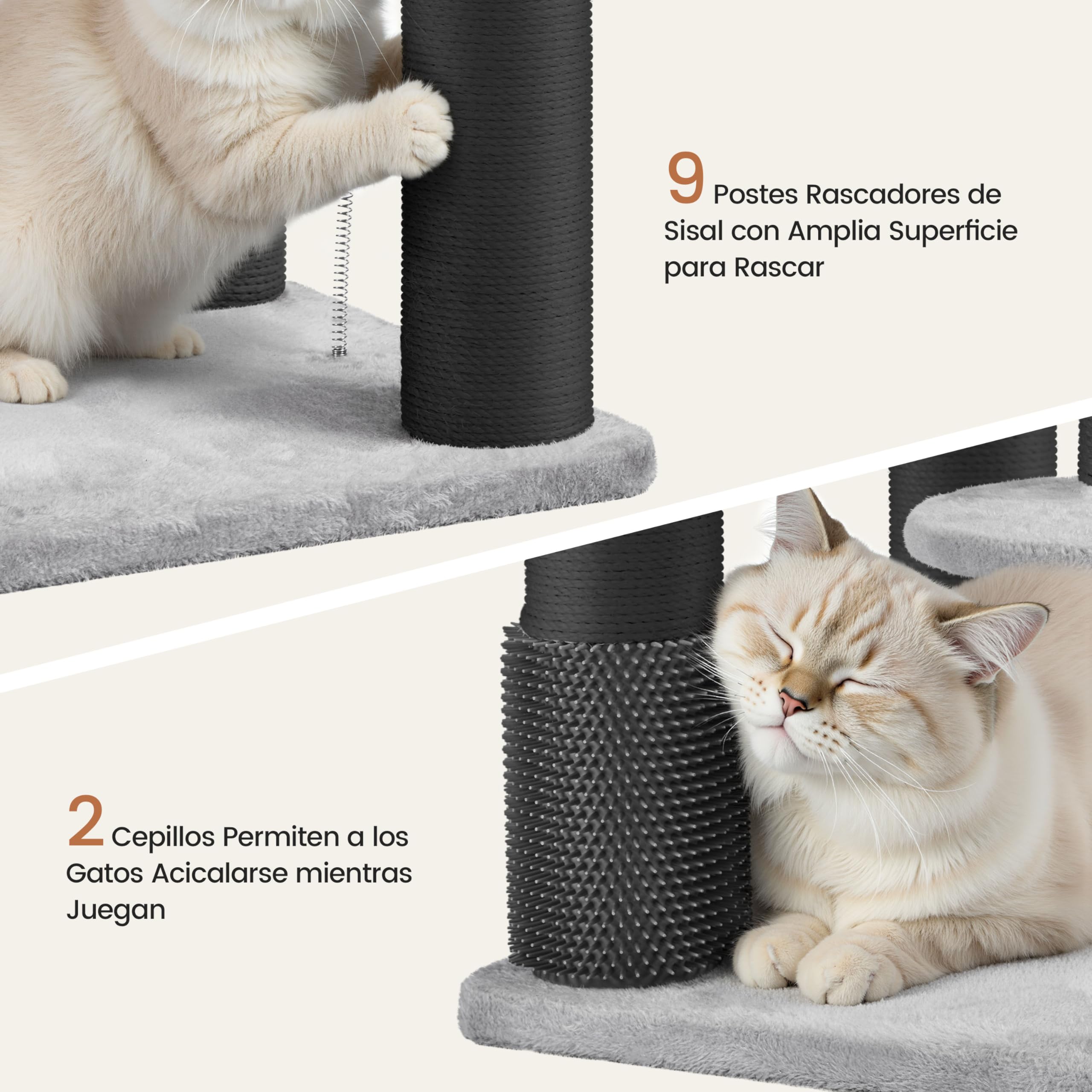 Árbol para Gatos Multinivel Torre Rascadora para Gatos con Postes Rascadores Gruesos 2 Cepillos Rodillos Percas Condominio Cestas Bola Colgante para Gatos Grandes Gris Claro/Negro
