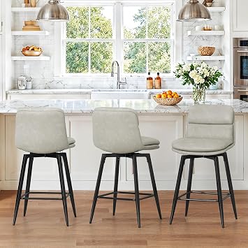 Cozyman 26 Inch Swivel Bar Stools Set of 3, Counter Height Barstools, Double Upholstered, Faux Leather, Metal Legs, Kitchen Island, Misty Beige