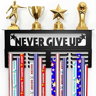 Medal Hanger Display with Trophy Shelf - Metal Awards Rack for Walls Holds 64+ Sports Medals- Our Never Give Up 16" Medal Holder Awards Trophy Display