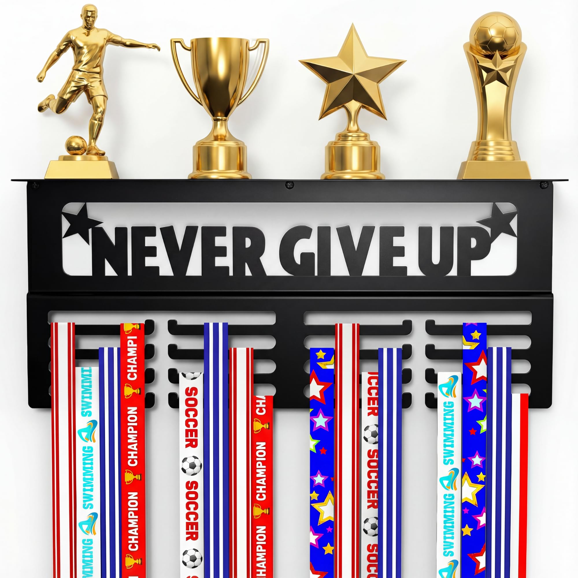 Medal Hanger Display with Trophy Shelf - Metal Awards Rack for Walls Holds 64+ Sports Medals- Our Never Give Up 16" Medal Holder Awards Trophy Display