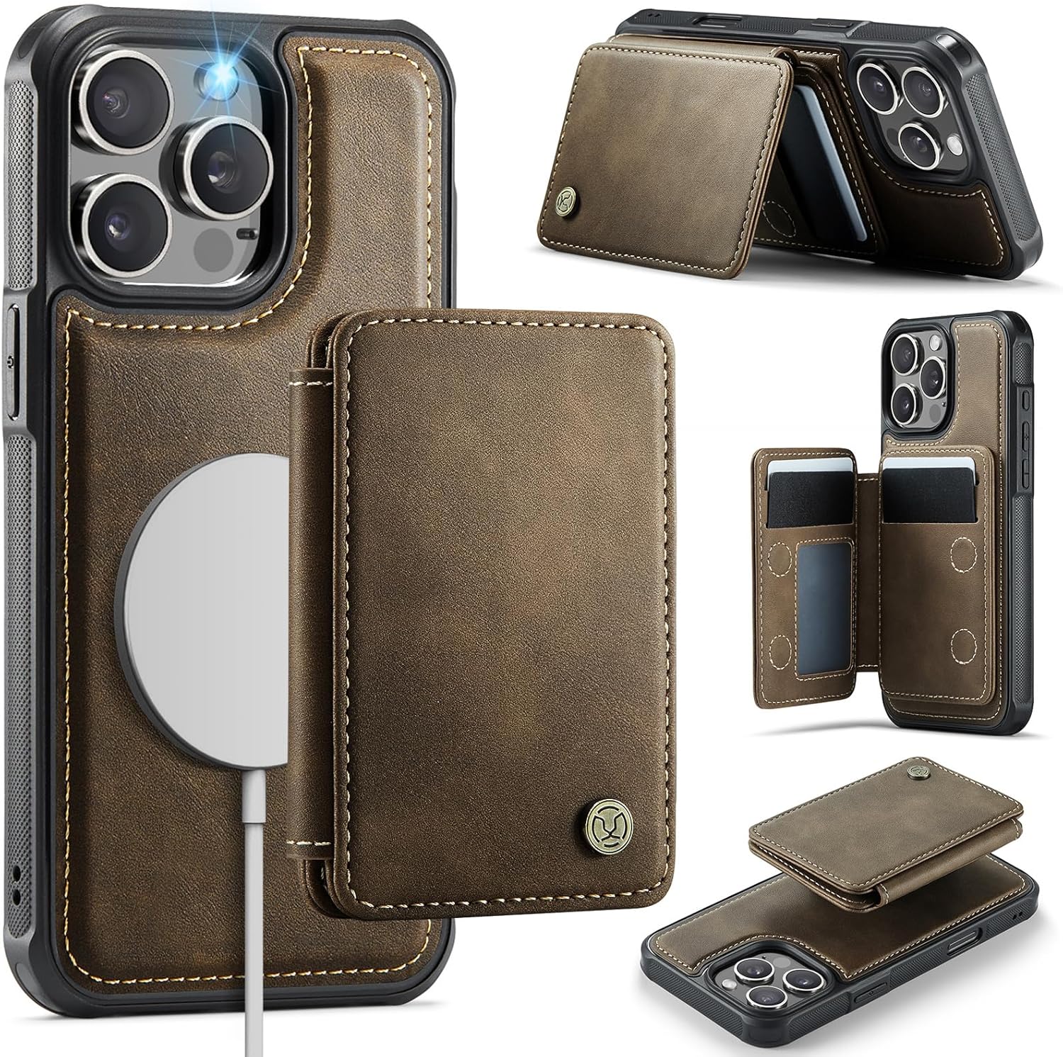 Compatible with Magsafe for iPhone 16 Pro Wallet Case Magnetic Card Holder, RFID Blocking 2 in 1 Detachable Kickstand Shockproof Case for Women Men, Brown