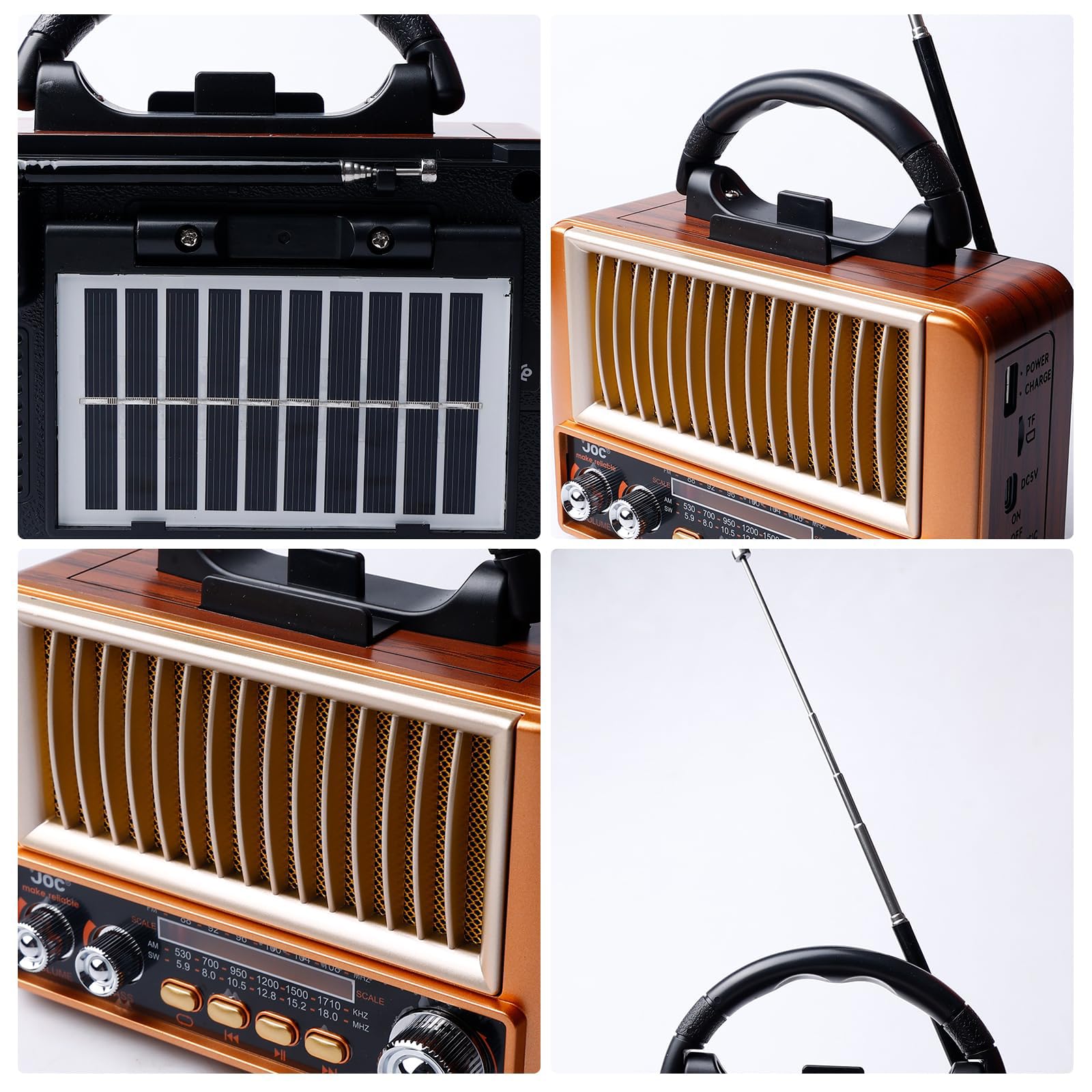 PORFOYO AM/FM/SW Retro Radio mit Bluetooth, Küchenradio Nostalgie Radio Klein, Kofferradio Transistorradio Mit Solarpanel, Vintage Radios Büro Handyständer, Unterstützt USB/TF/AUX Funktion