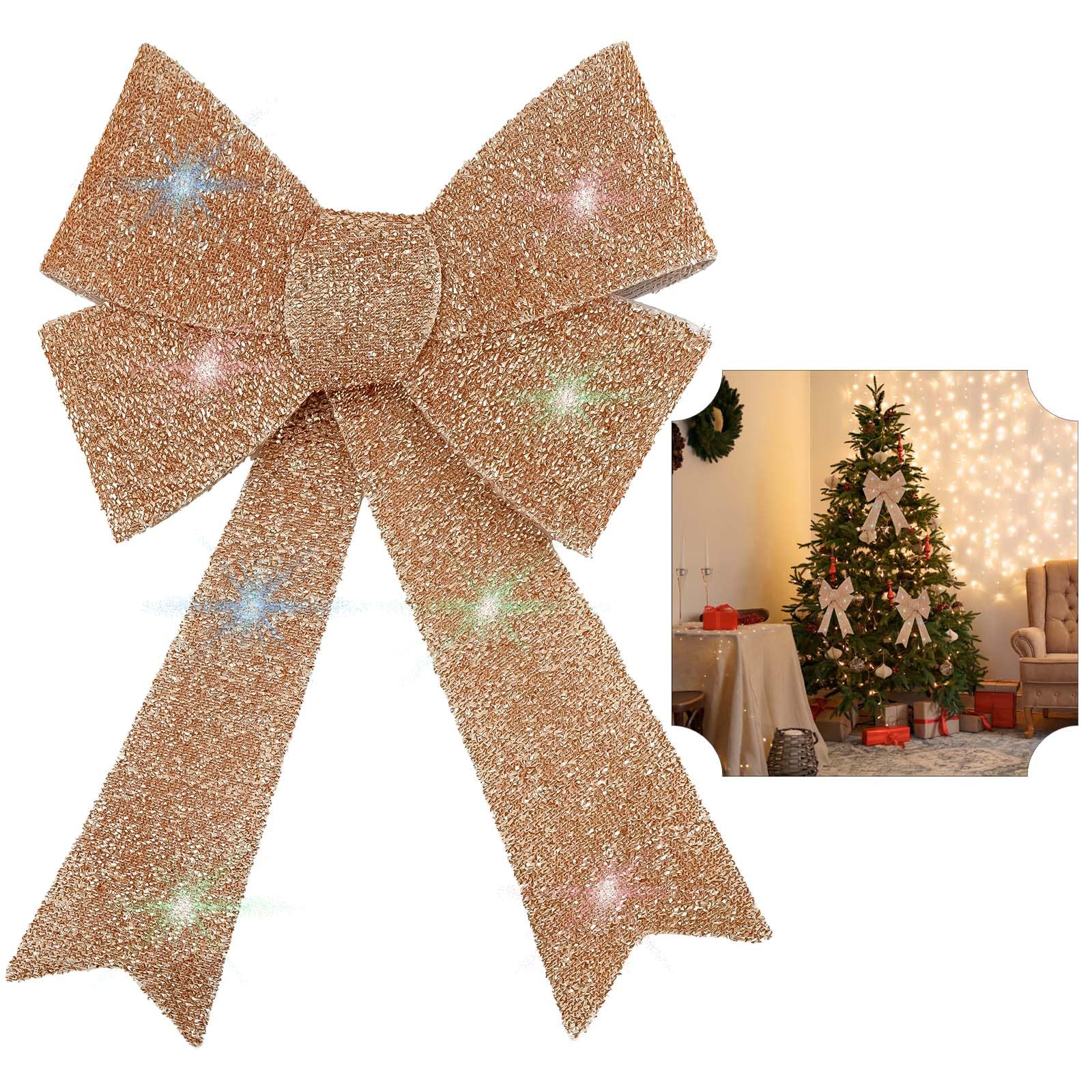 SRV Hub 43cm Light Up Rose Gold Bow, 8 White Multicolor LEDs Lights, Battery Powered Glitter Bow for Tree Wreaths Indoor Outdoor Festive Decoration