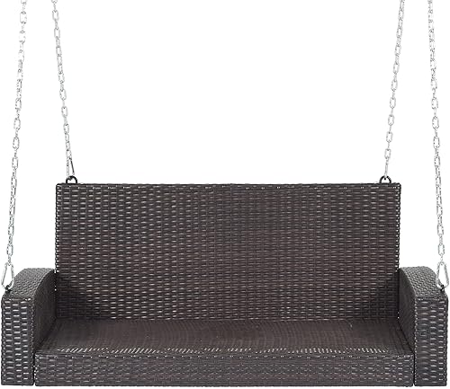 Miniatura 5 de Silla colgante de mimbre para patio con capacidad para 2 personas, incluye cadenas colgantes, cojín de asiento y almohadas de respaldo, banco de